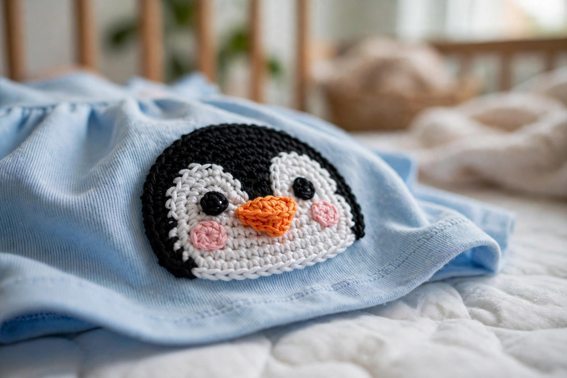 Close-up of the crochet penguin face applique with orange beak and pink blush cheeks on the baby blue dress