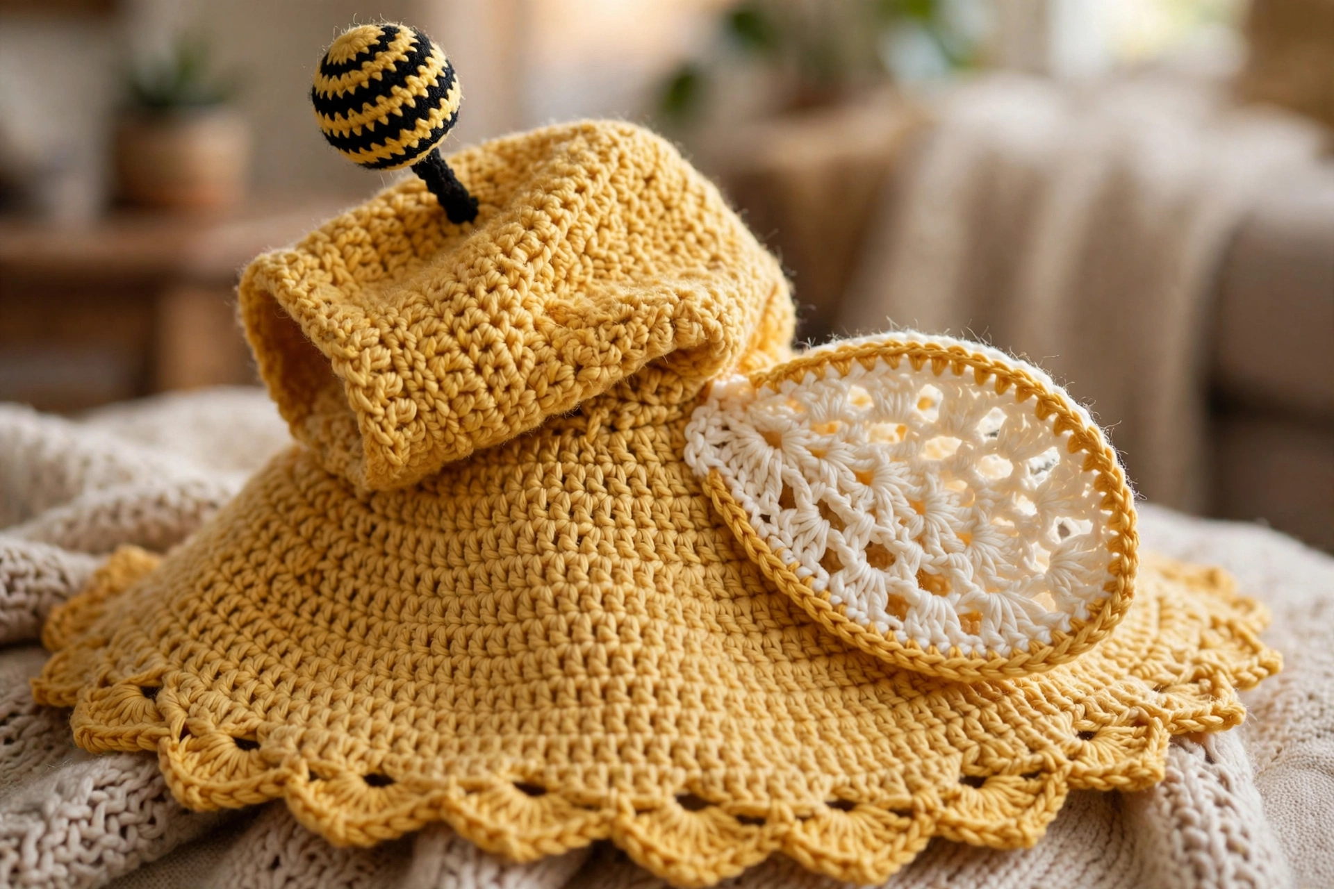 Close-up of the bumblebee poncho antenna bobble and cream wing detail