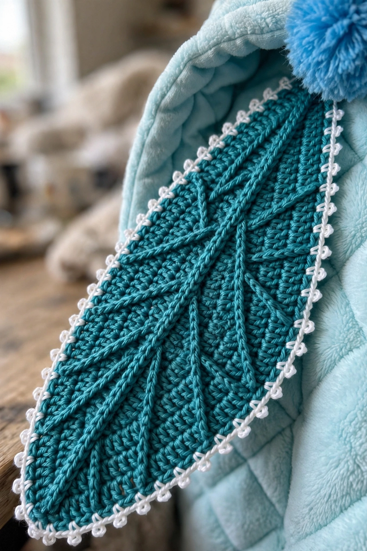 Close-up of the teal dragonfly wing veining, white picot edging, and aqua-lined hood with blue pompom