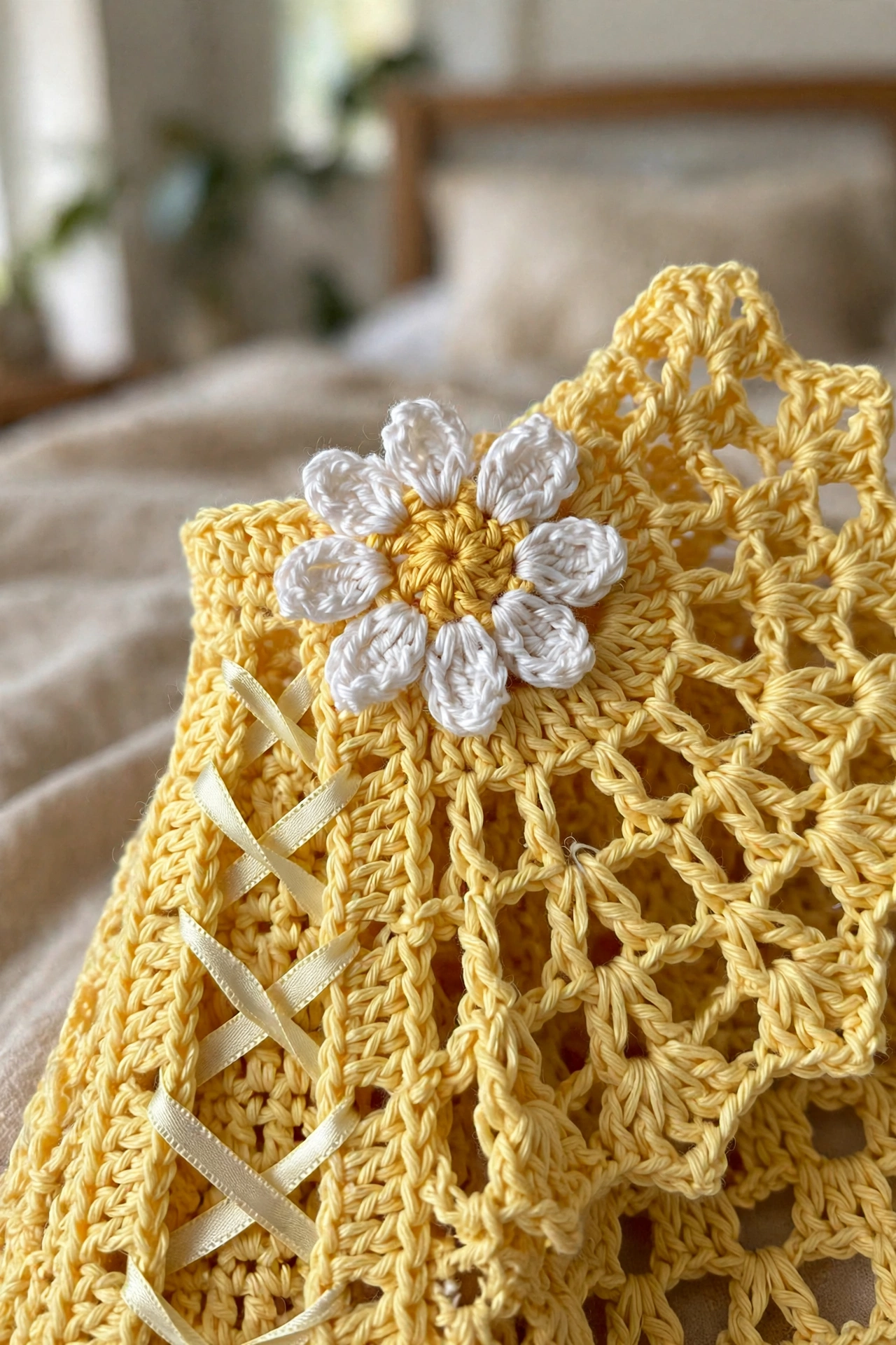 Close-up of the daisy granny square waistband, diamond mesh, and ribbon lace-up eyelets on the butter yellow sunshine fairy top