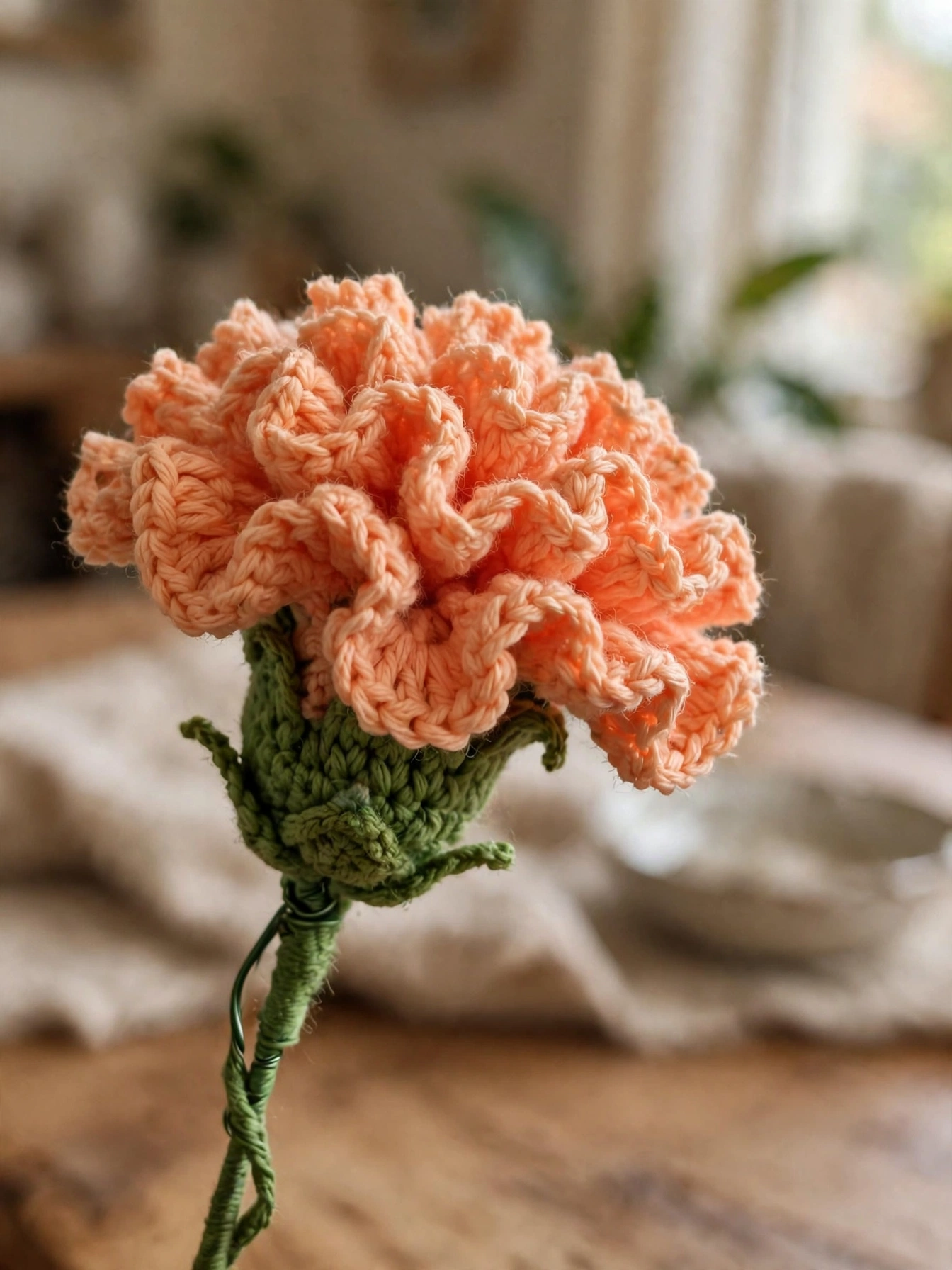 Close-up of a peach crochet carnation with green calyx