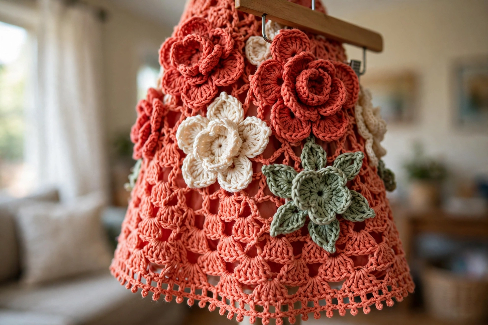 Close-up of the 3D flower appliqués and lace skirt texture on the coral crochet dress