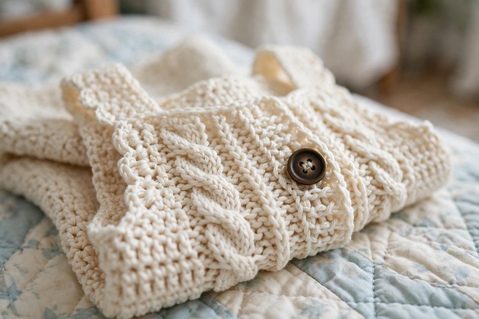 Close-up of the cable stitch panel and bronze button on the cream baby pinafore dress