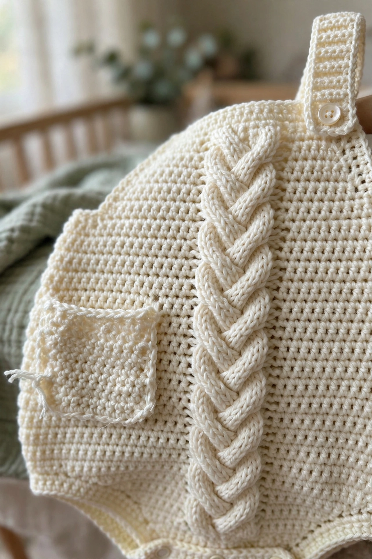 Close-up of the faux cable panel, chest pocket, and pearl button on the cream cable knit baby romper