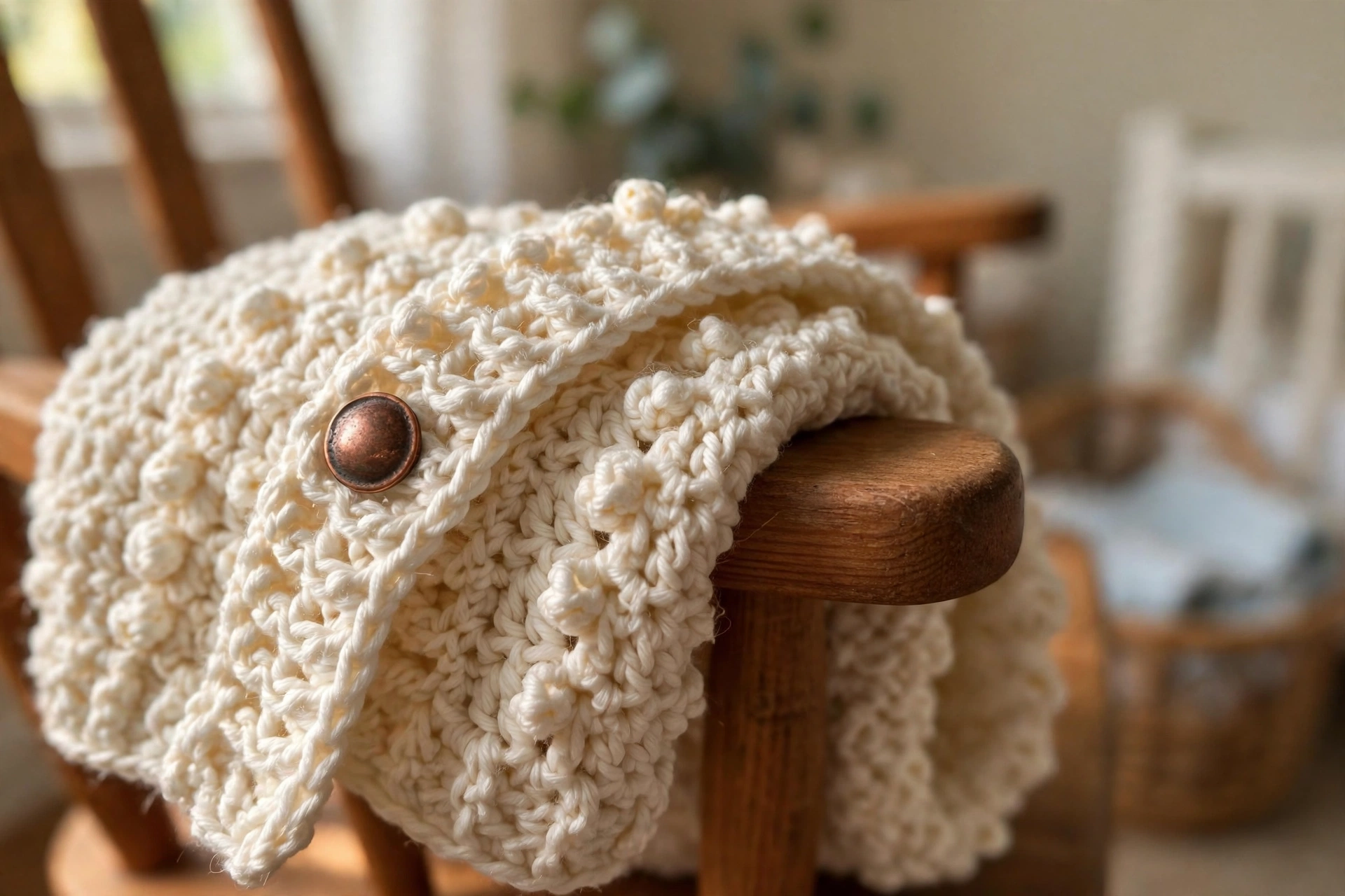Close-up of the popcorn stitch texture and copper button on the cream baby cardigan
