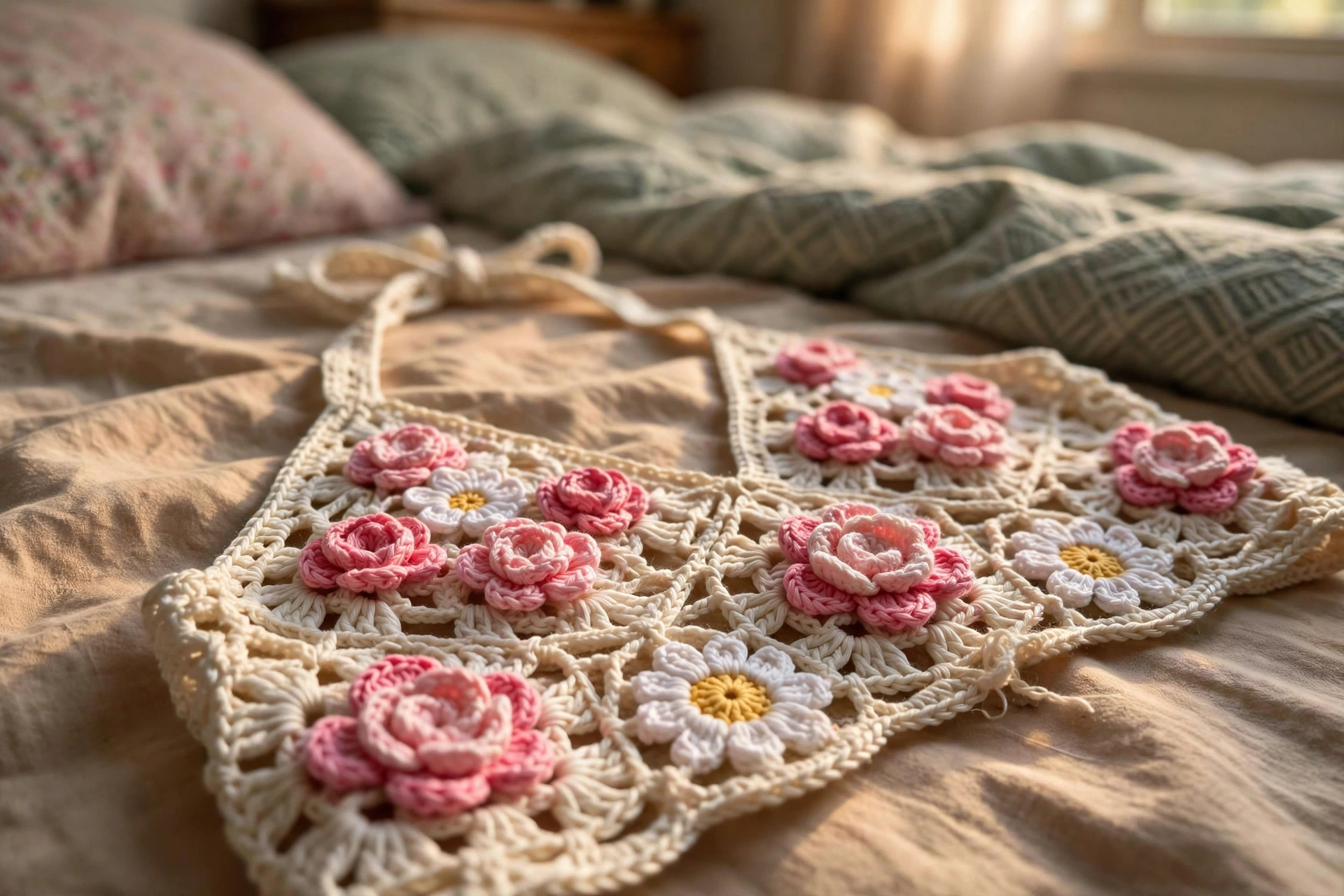 Close-up of crochet roses and daisies on a floral halter top