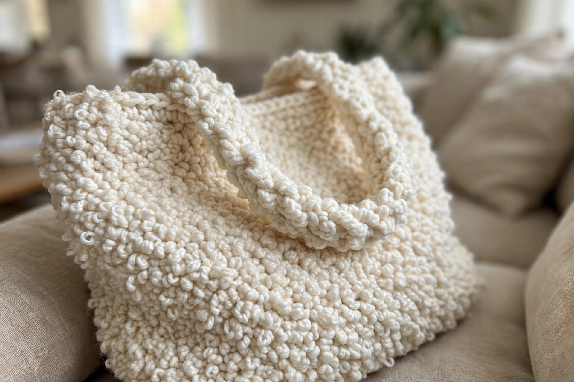 Close-up of the ivory fluffy boucle texture and crocheted handle on the tote bag