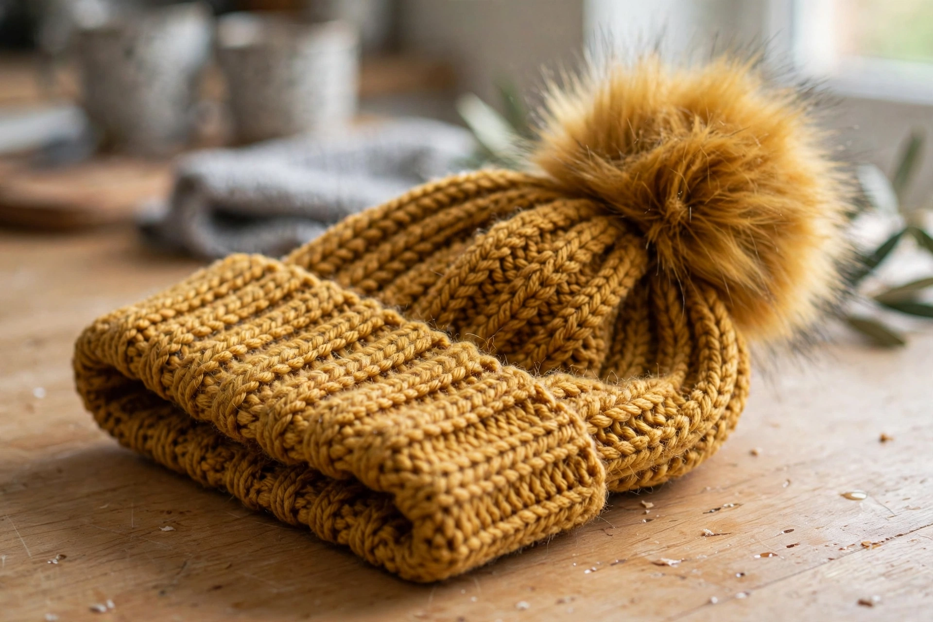 Close-up of the folded mustard gold ribbed beanie with faux fur pom-pom