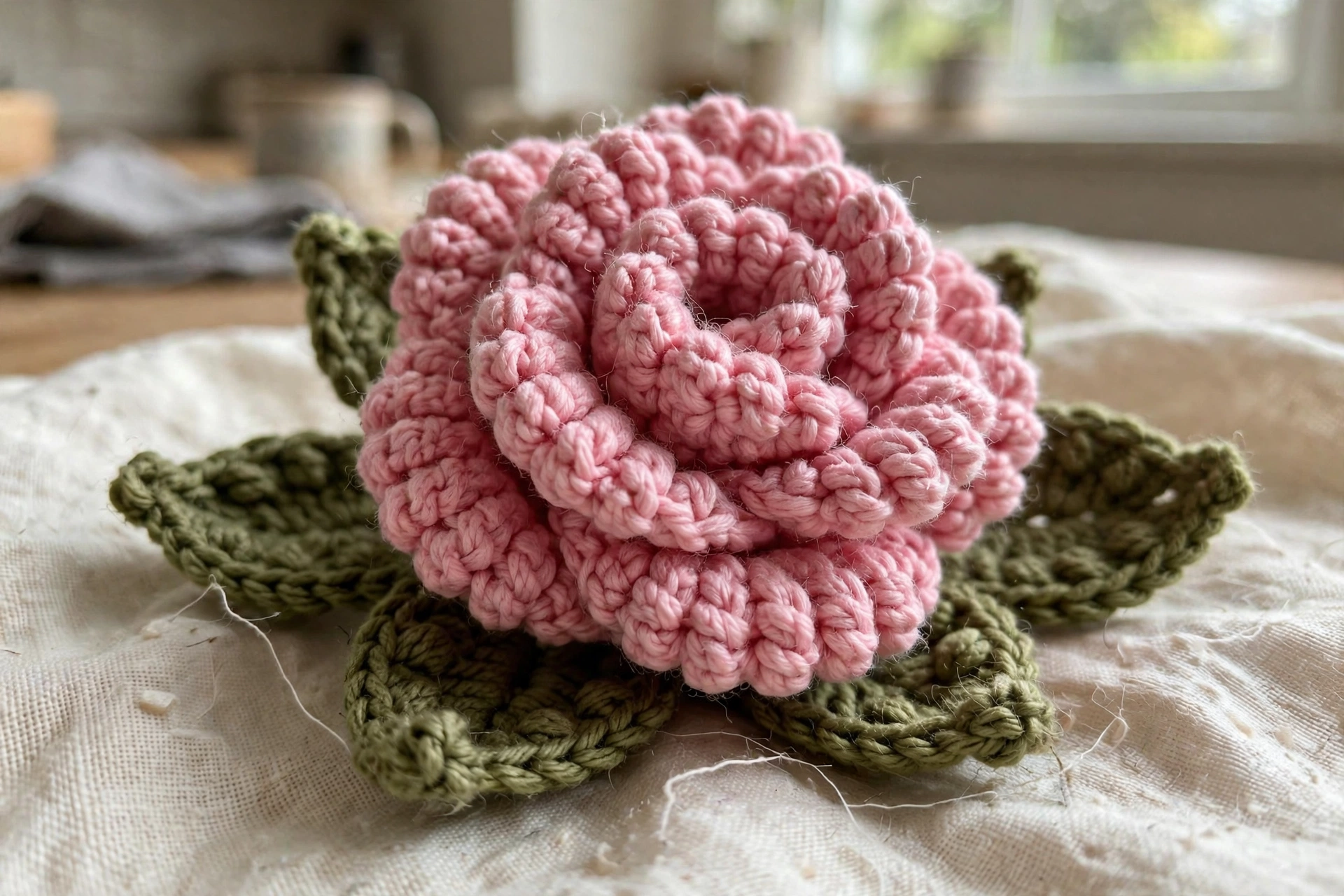 Close-up of the layered bobble-textured petals and olive leaves on the pink crochet rose applique