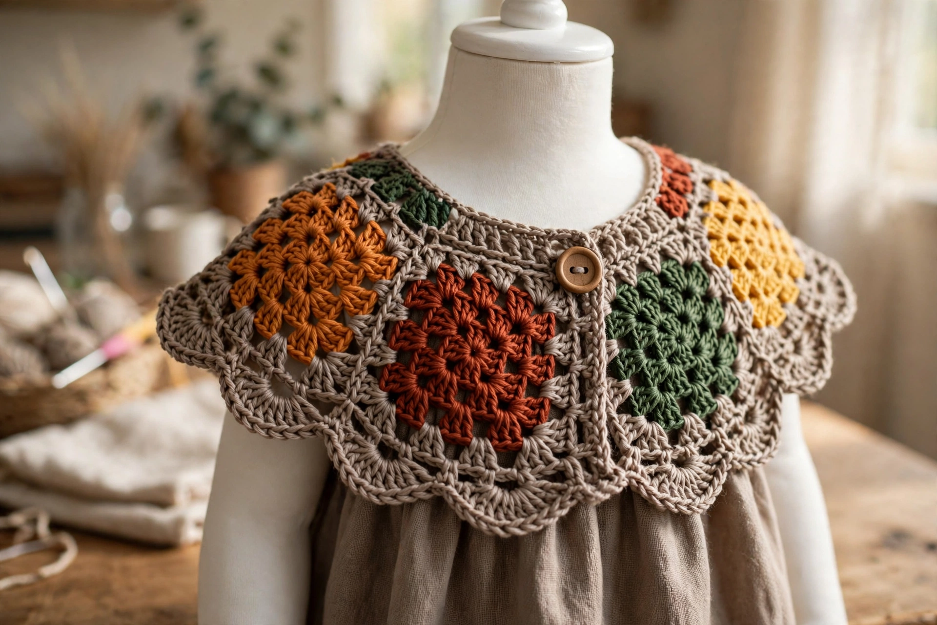 Close-up of the autumn granny square yoke with wooden button