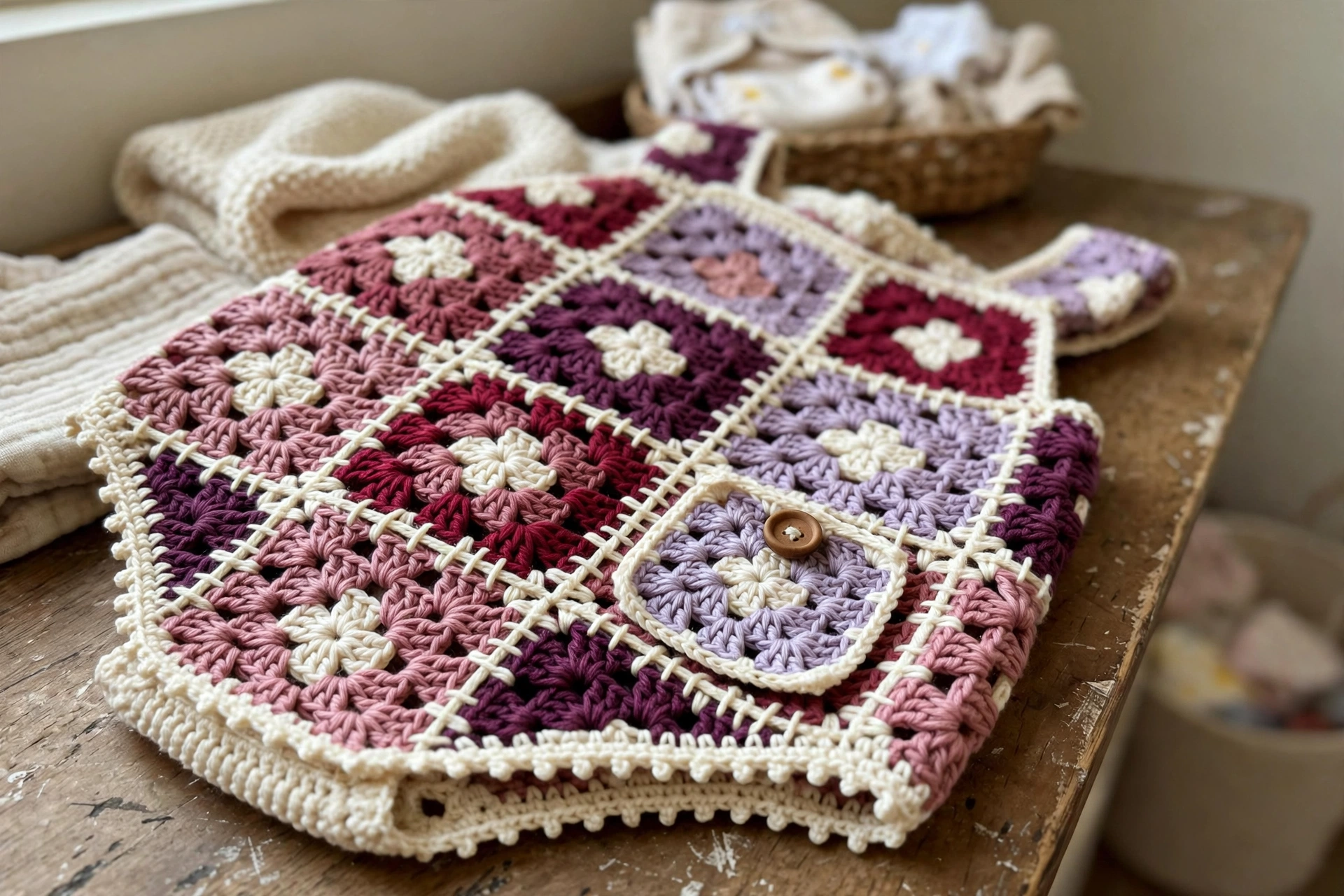 Close-up of the granny square bodice, pocket, and picot edging