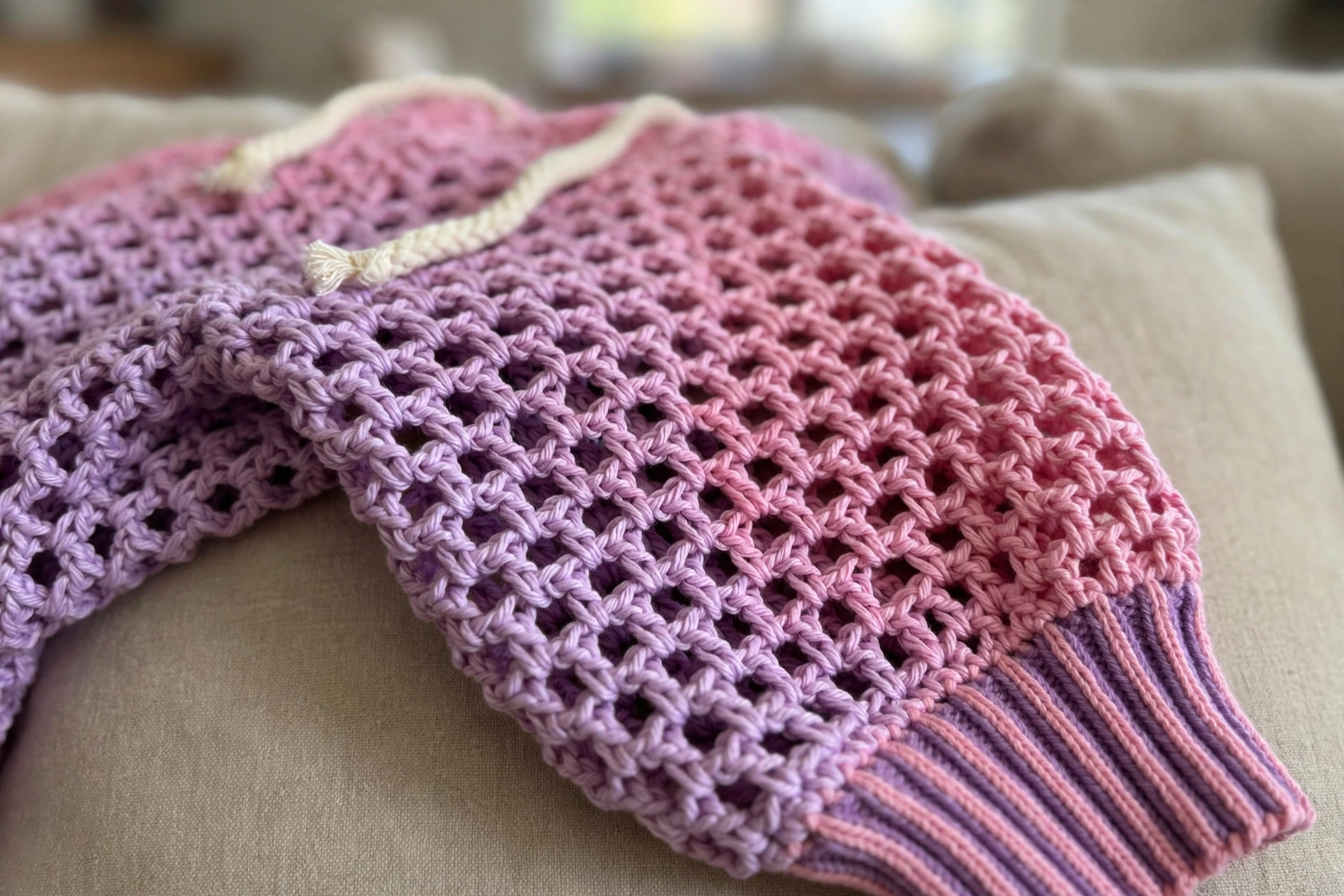 Close-up of the granny mesh gradient, drawstring and striped cuff on the berry sorbet hoodie