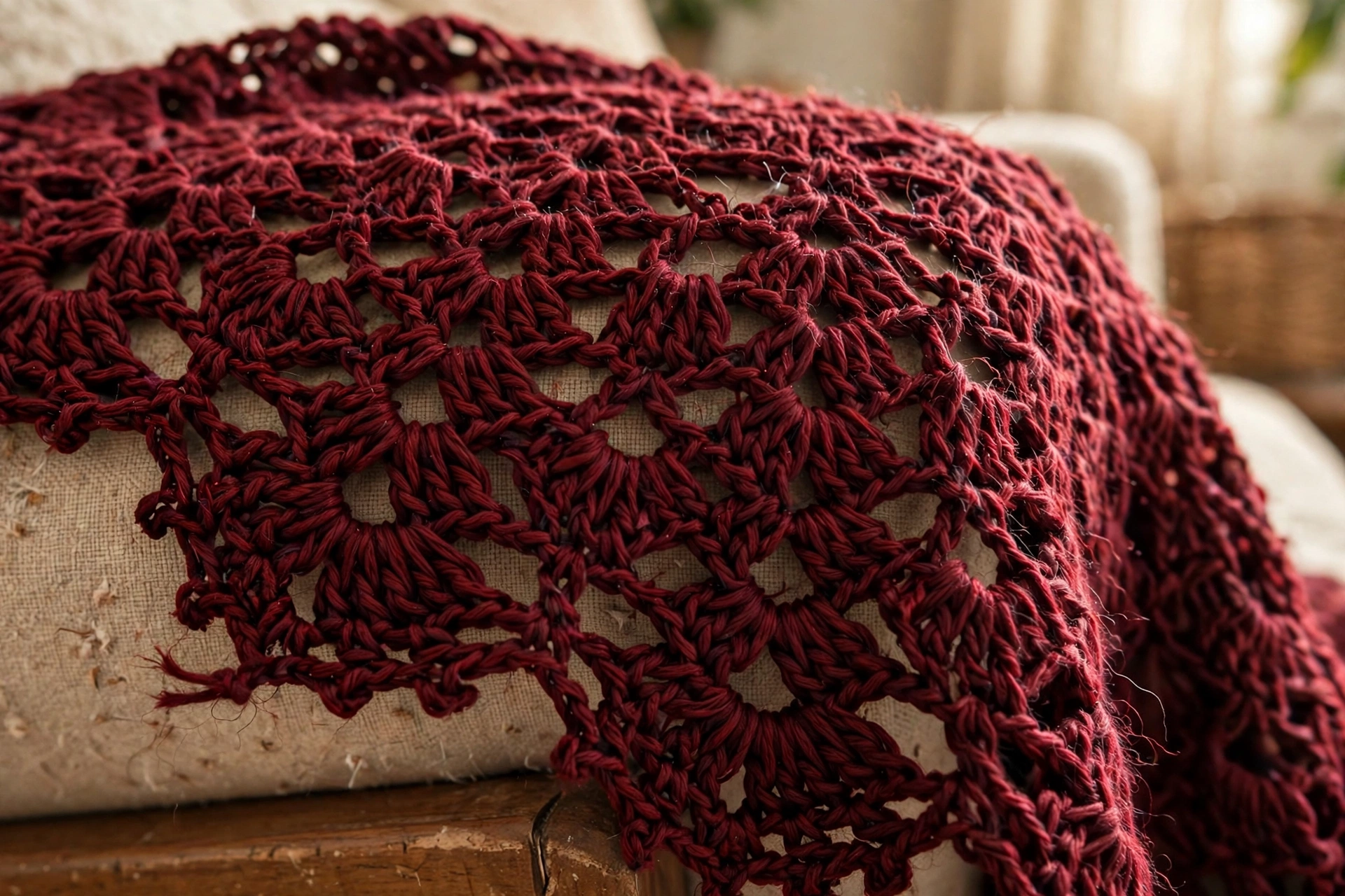 Close-up of the black cherry lace shell stitch texture
