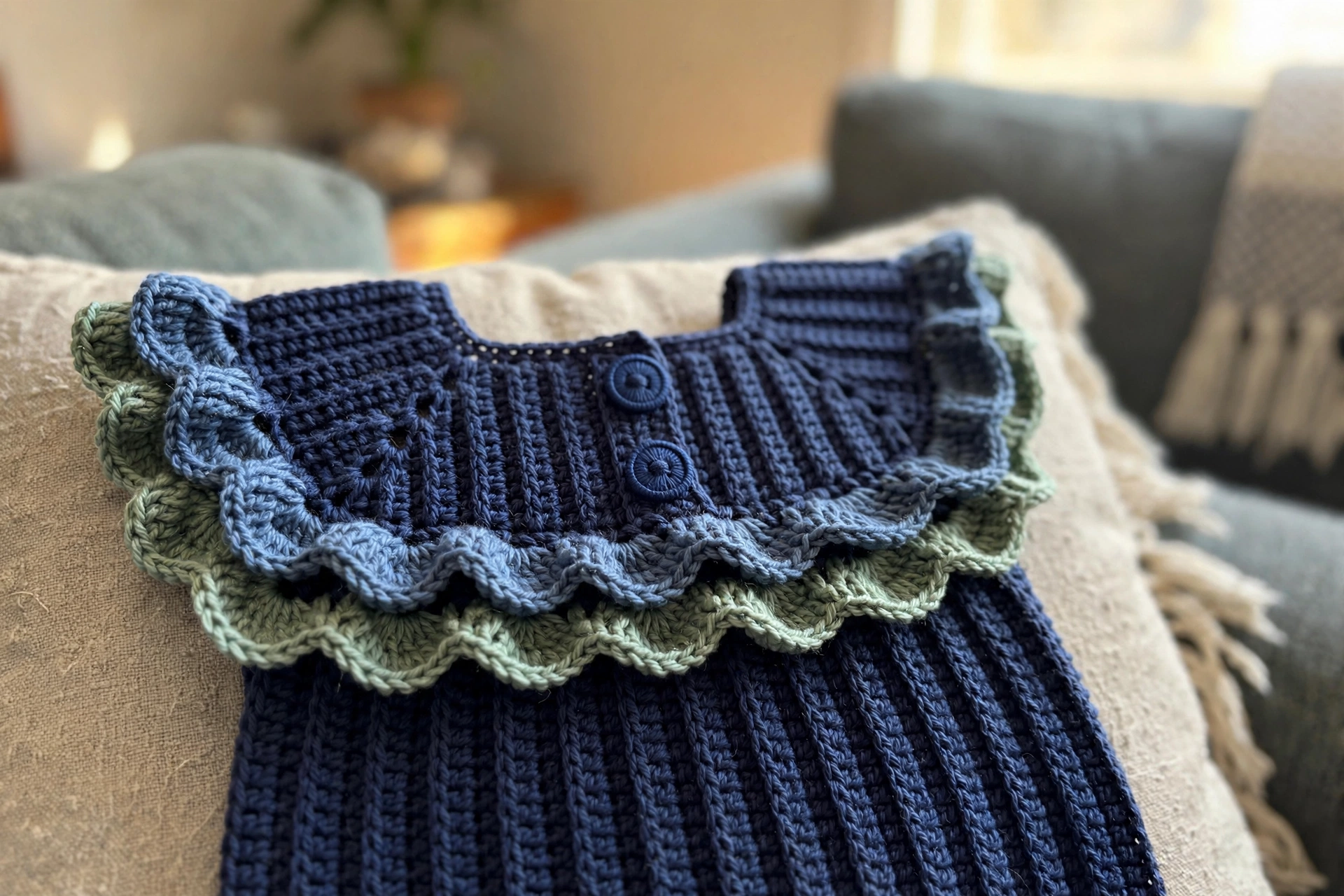 Close-up of the two-layer scallop trim on the Blueberry Baby Romper yoke
