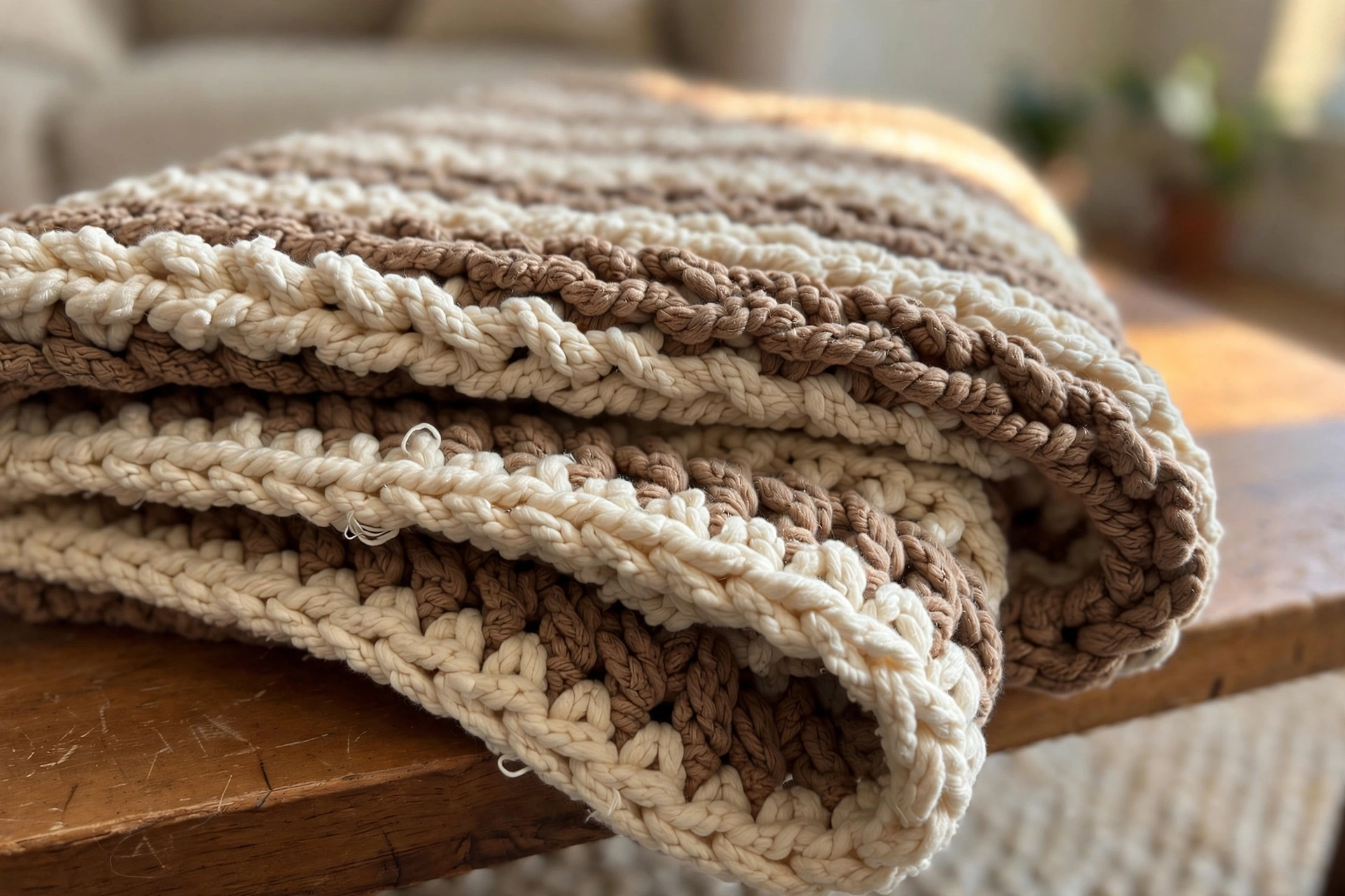 Close-up of the thick braided stitch texture on the crochet blanket