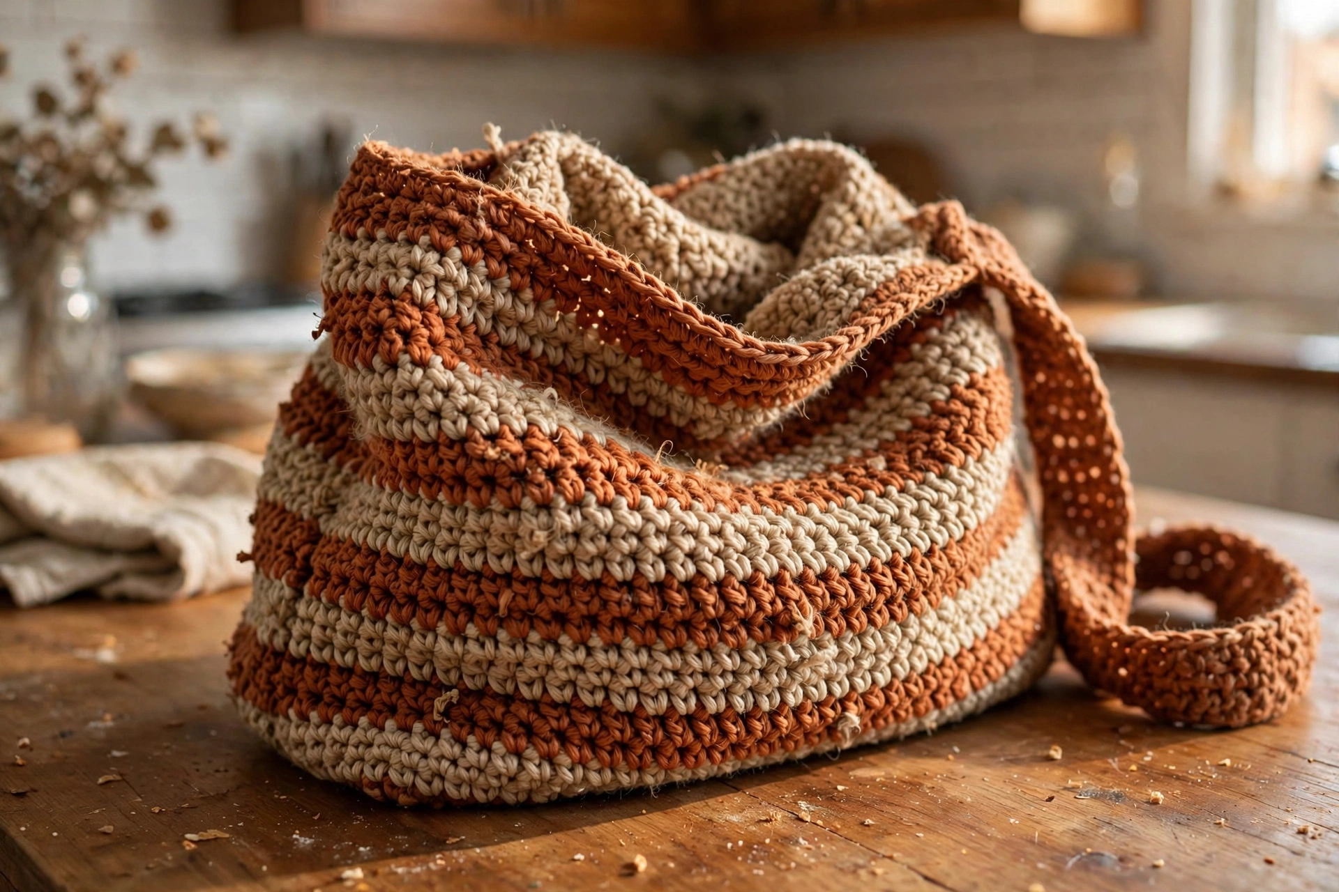 Close-up of the single crochet fabric texture on the slouchy tote bag