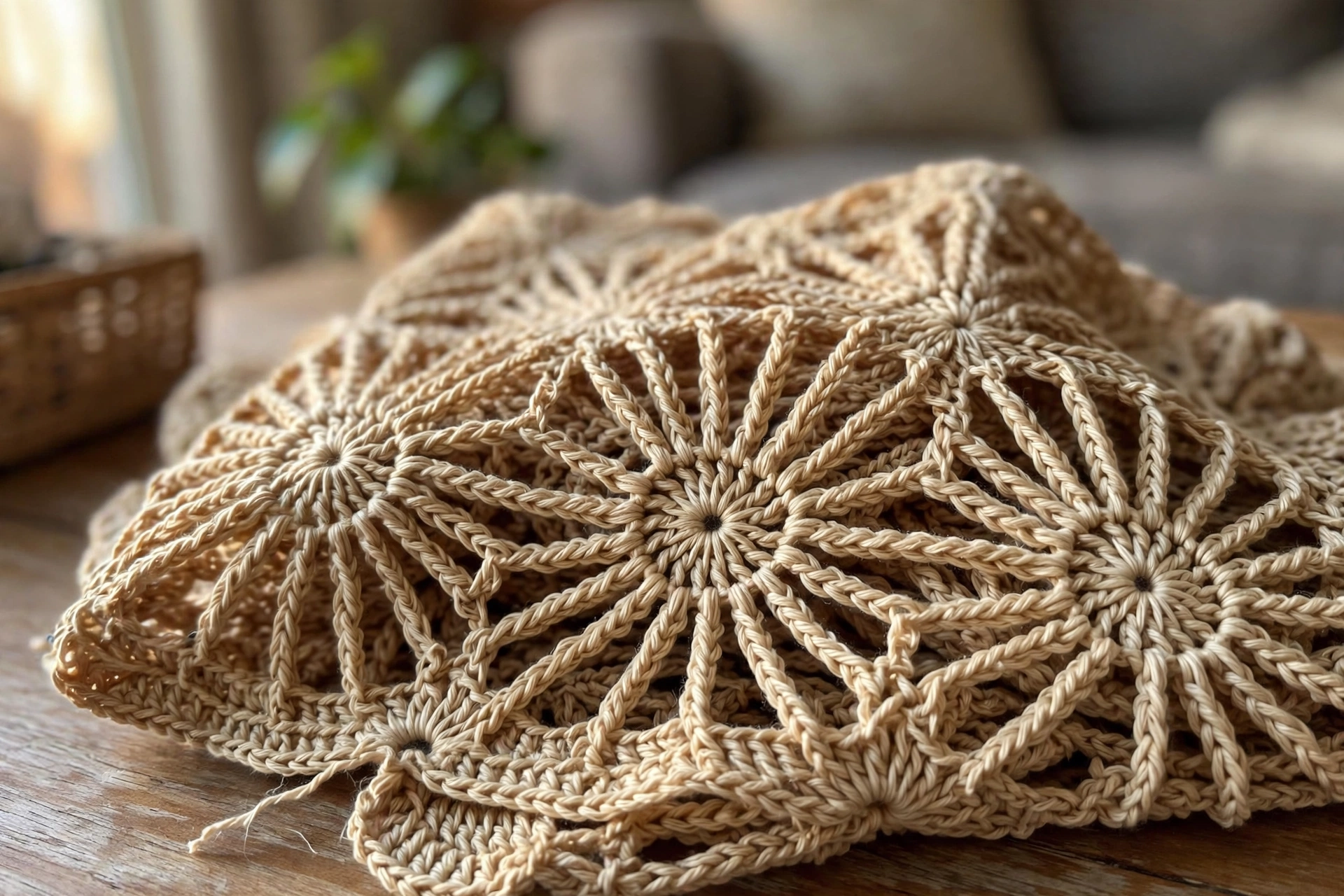 Close-up of the radiating starburst stitch motifs in oat tones