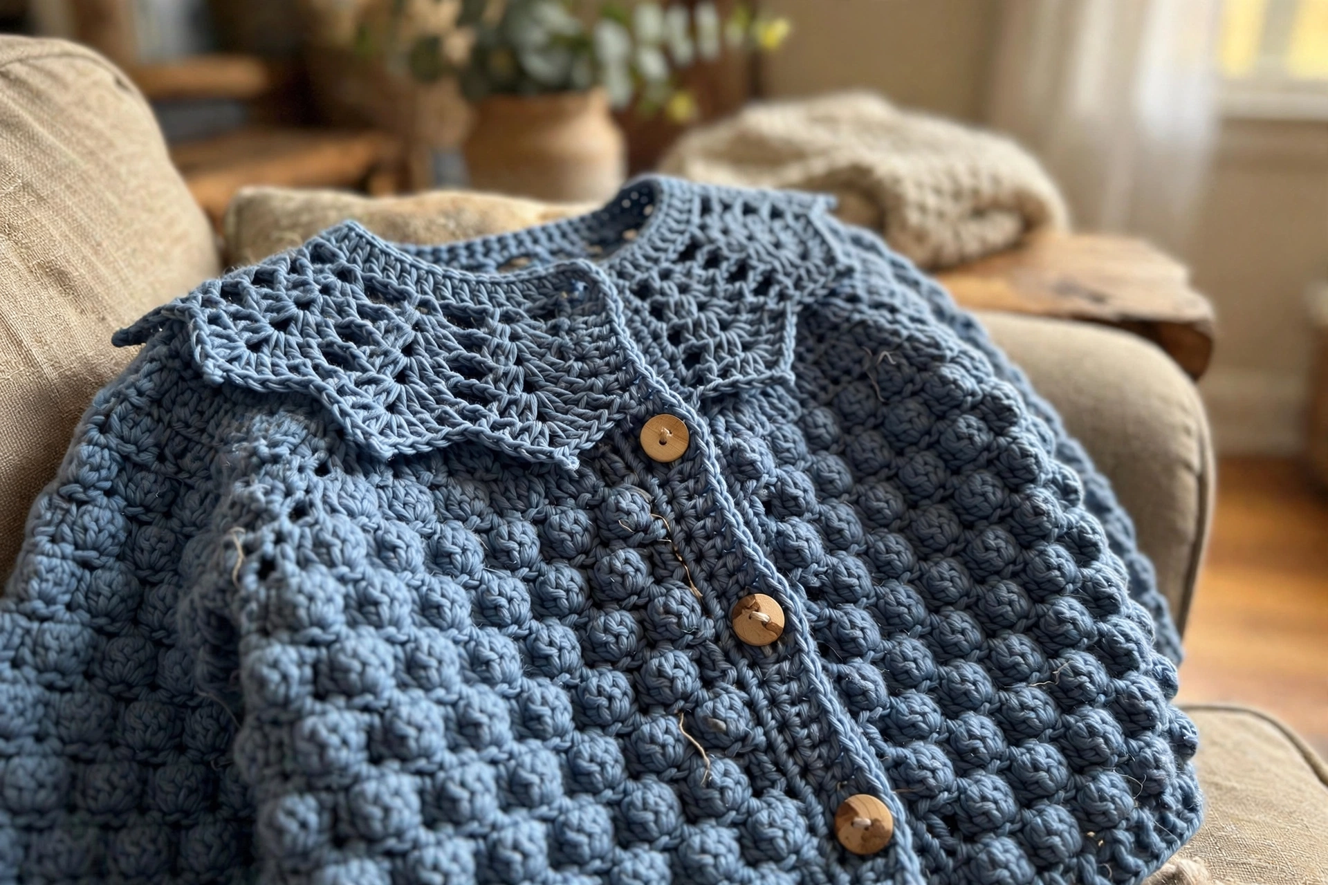 Close-up of the bubble stitch texture and lace yoke on the dusty blue baby cardigan