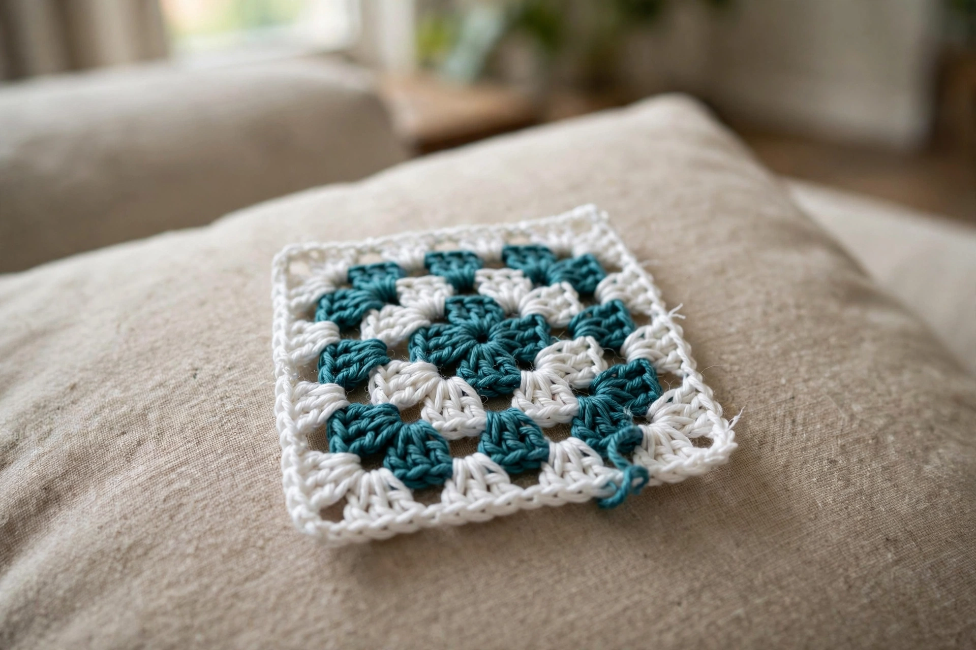 Close-up of a finished granny square with chain-2 corners