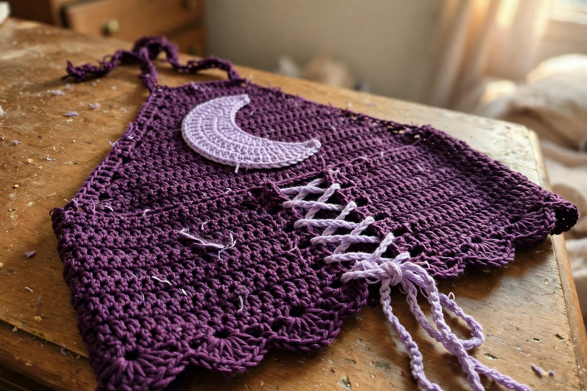 Close-up of the crescent moon applique and lace-up detail on the midnight purple boho crochet set