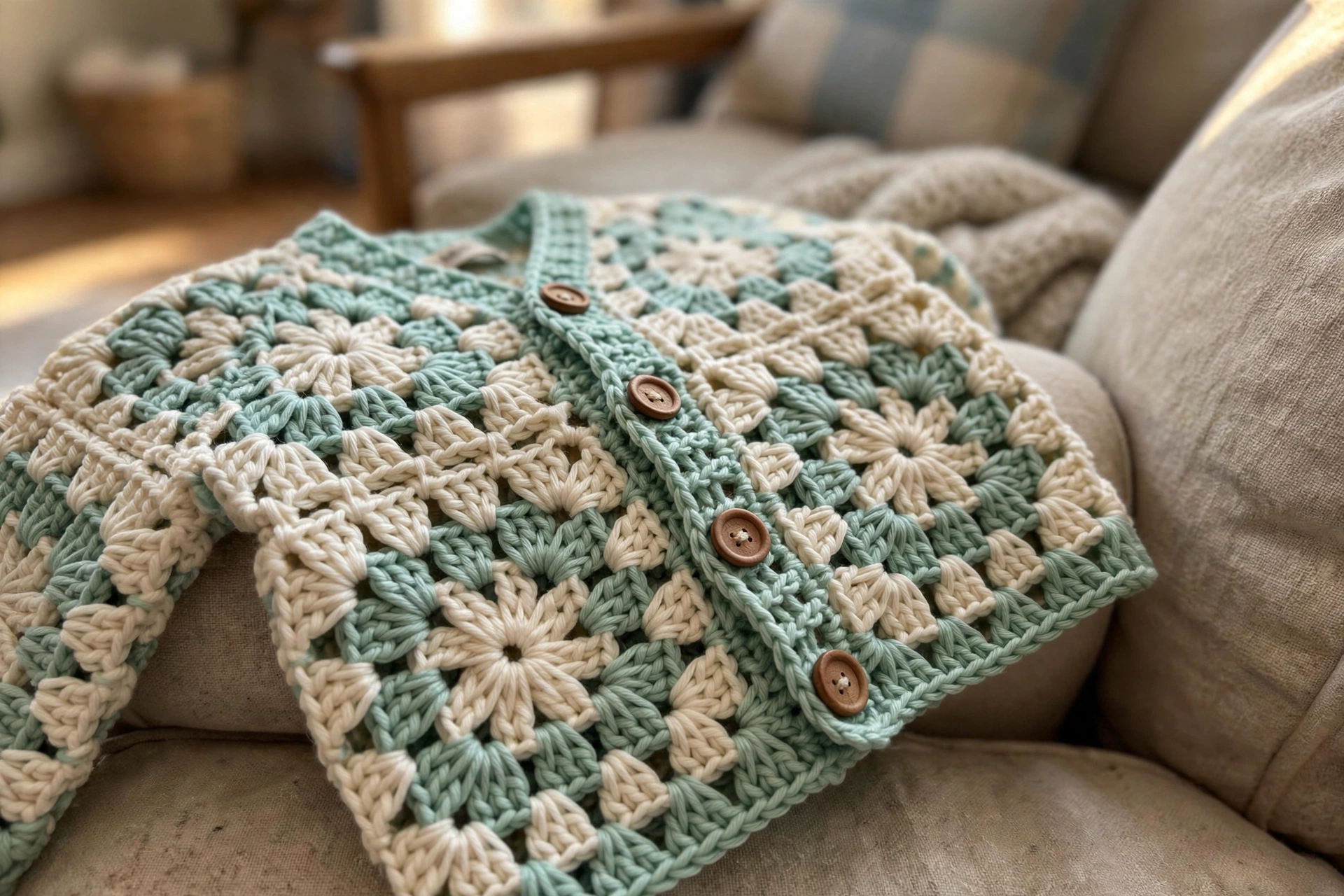 Close-up of the wooden buttons and granny square texture on the mint green baby cardigan