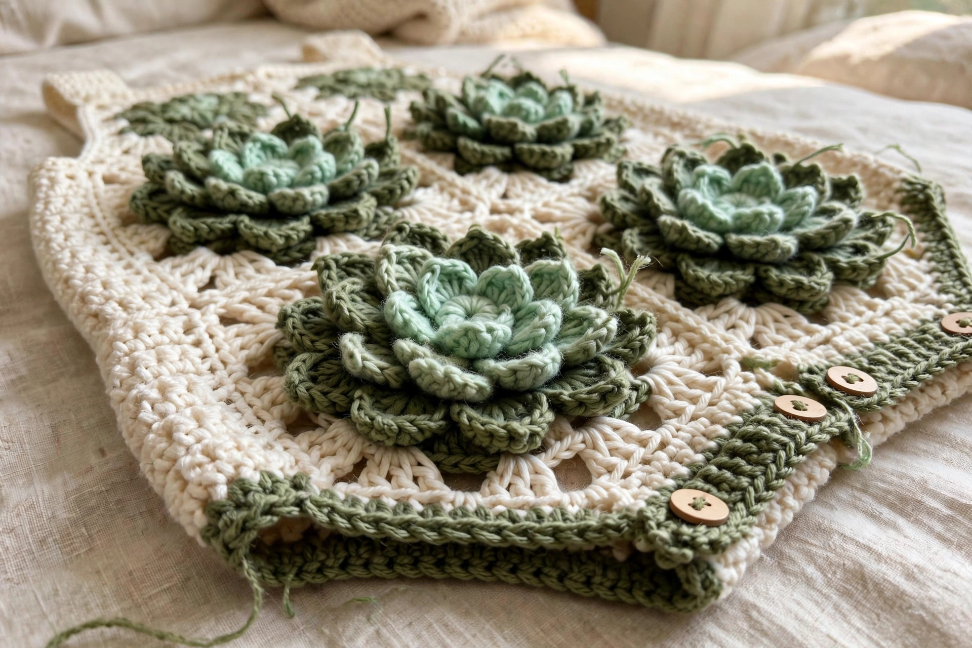 Close-up of the 3D succulent rosette motifs