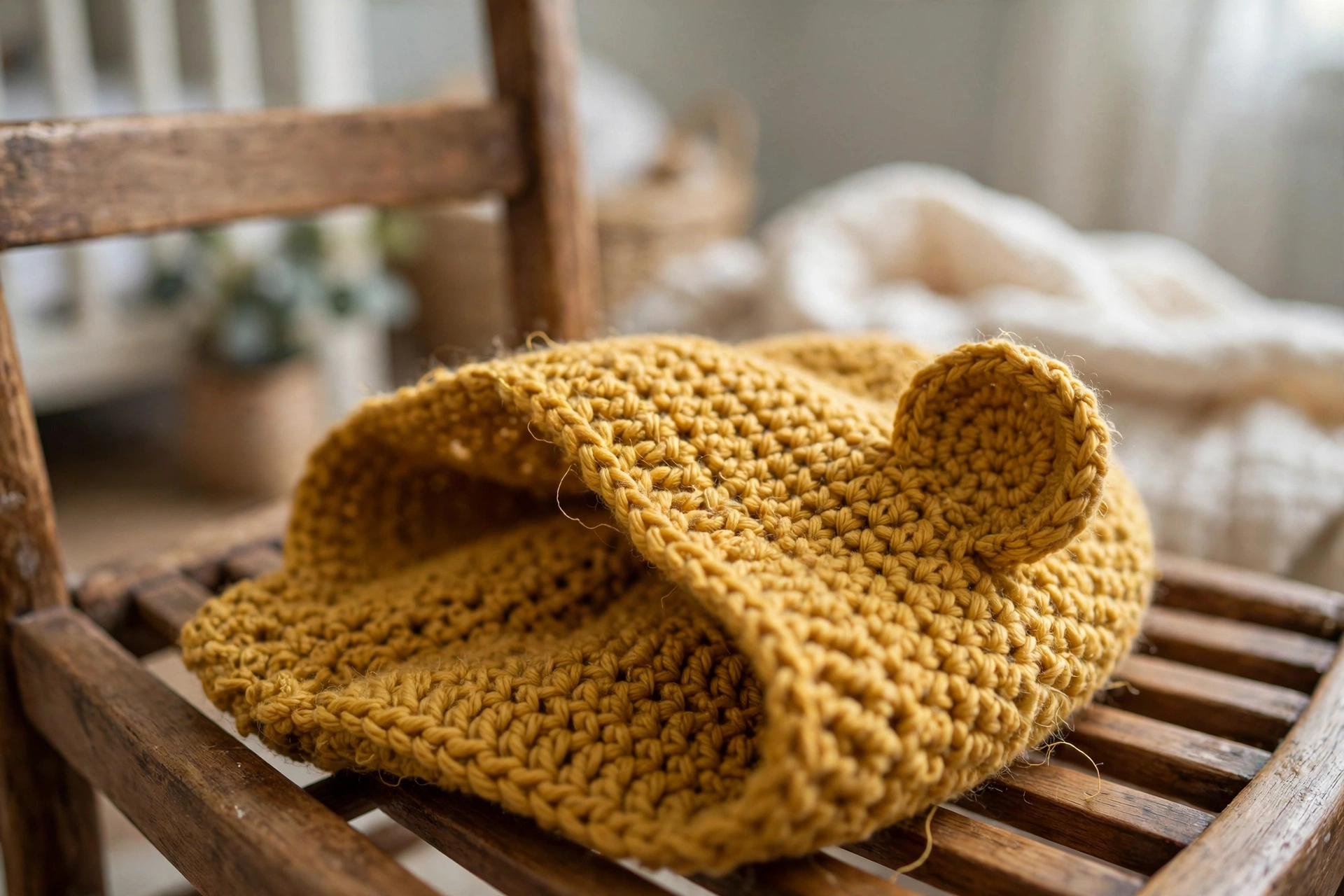 Close-up of the moss stitch hood with a crocheted bear ear