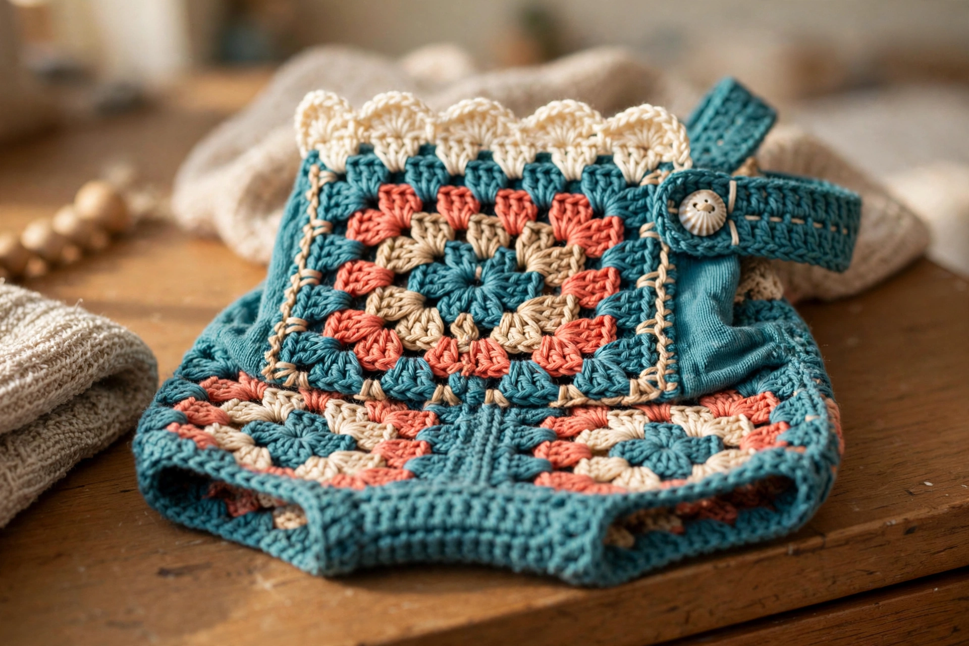 Close-up of the granny square bib, scallop edging, and shell button