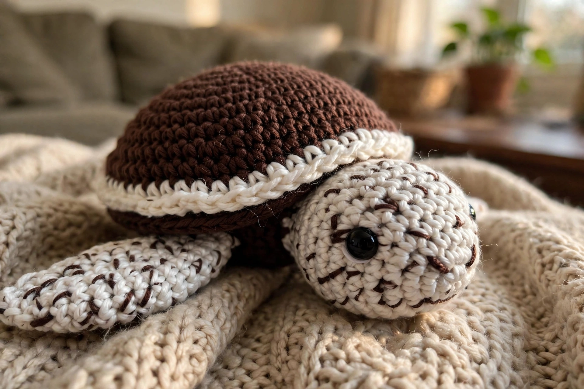 Close-up of the cookie shell and speckled head of the Oreo cookie turtle amigurumi