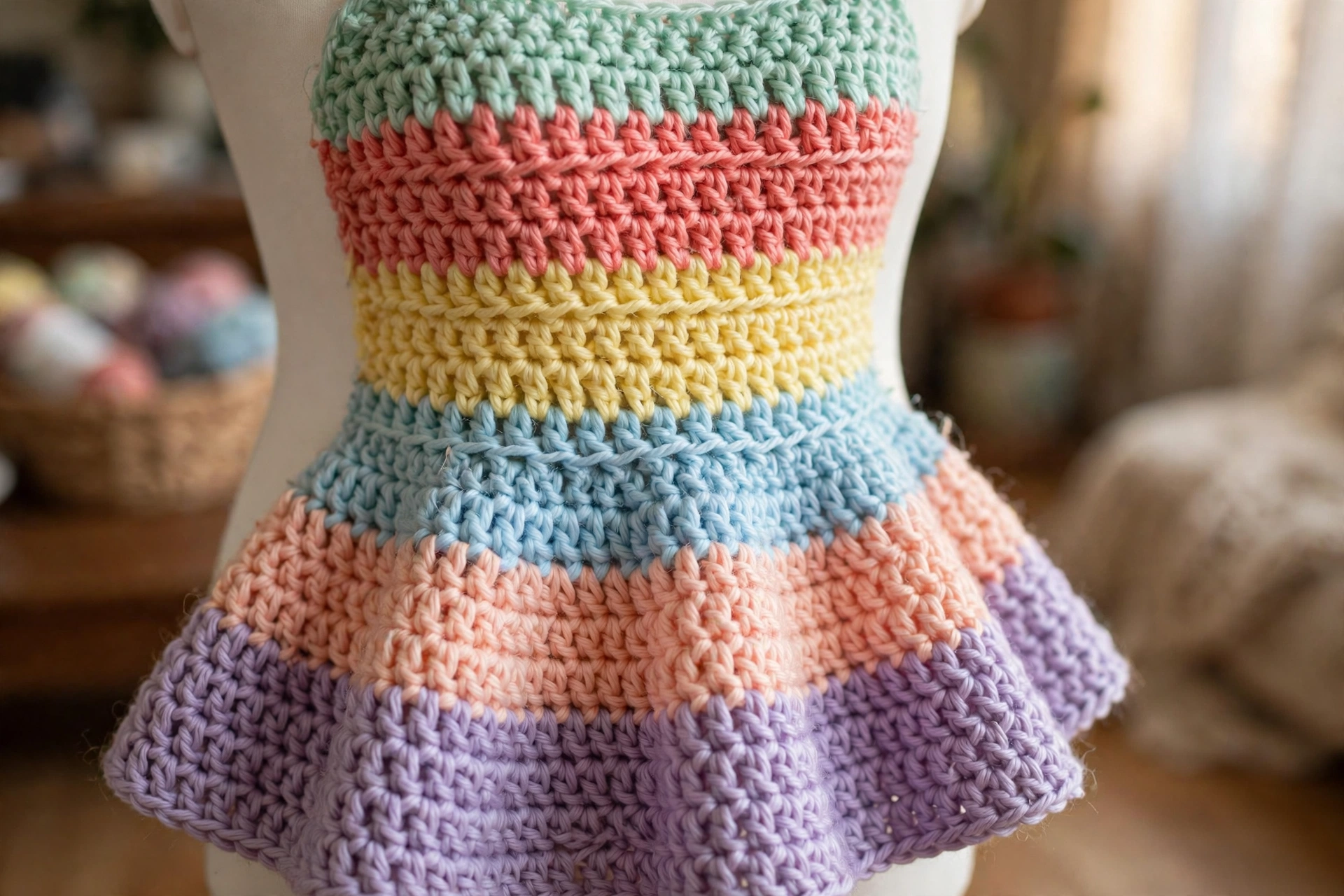 Close-up of the pastel rainbow stripes on the dress bodice