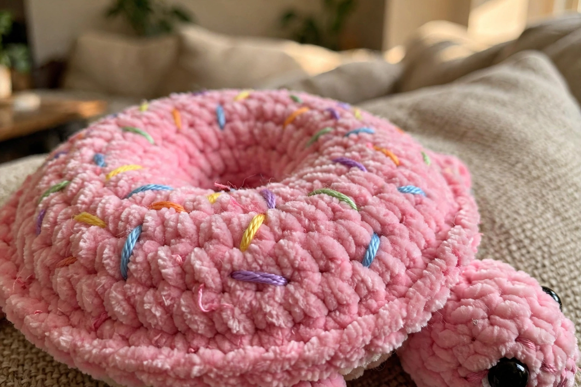 Close-up of the rainbow sprinkle stitches on the pink frosted donut shell