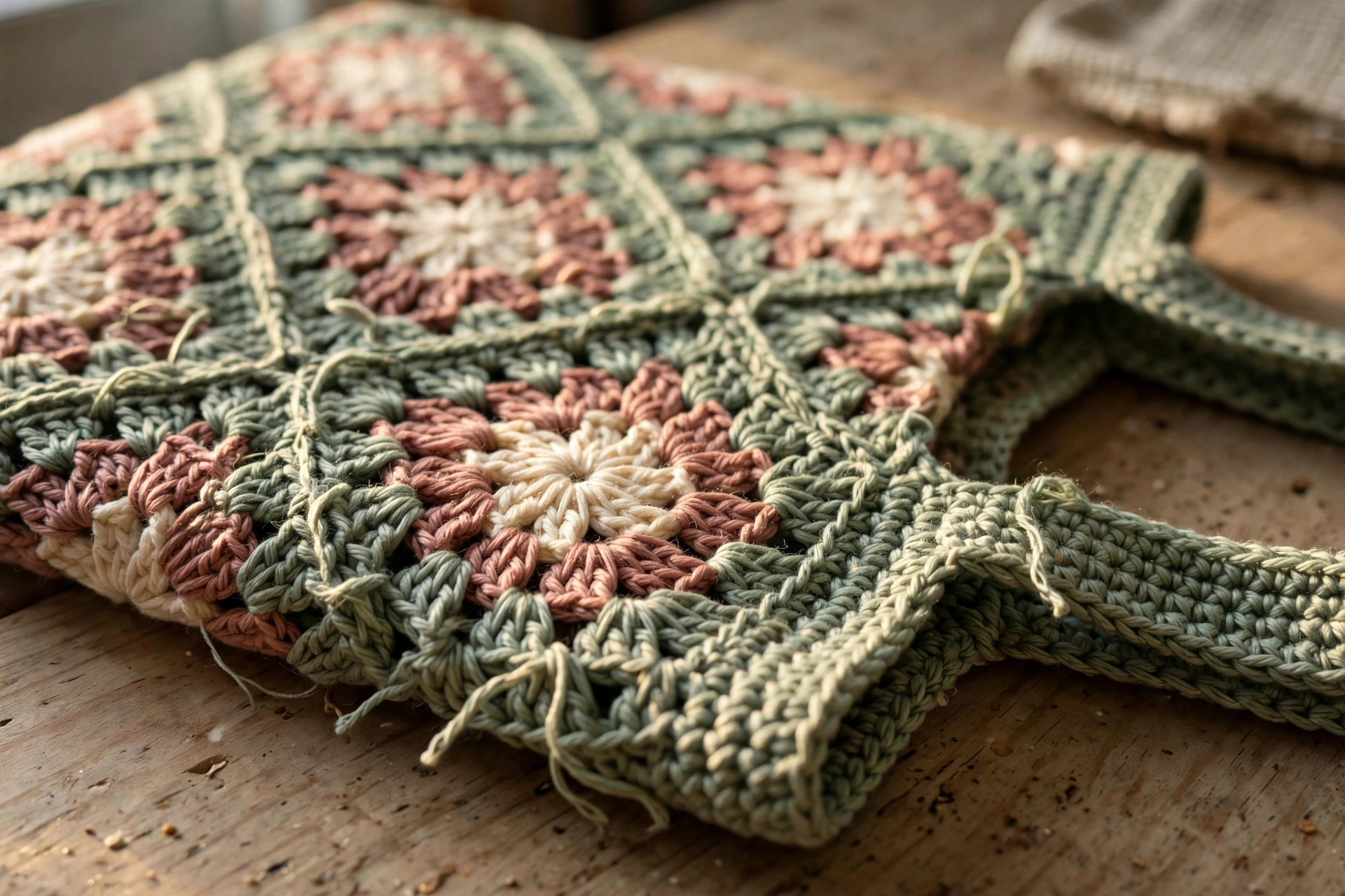 Close-up of the sage, dusty rose and cream granny square texture