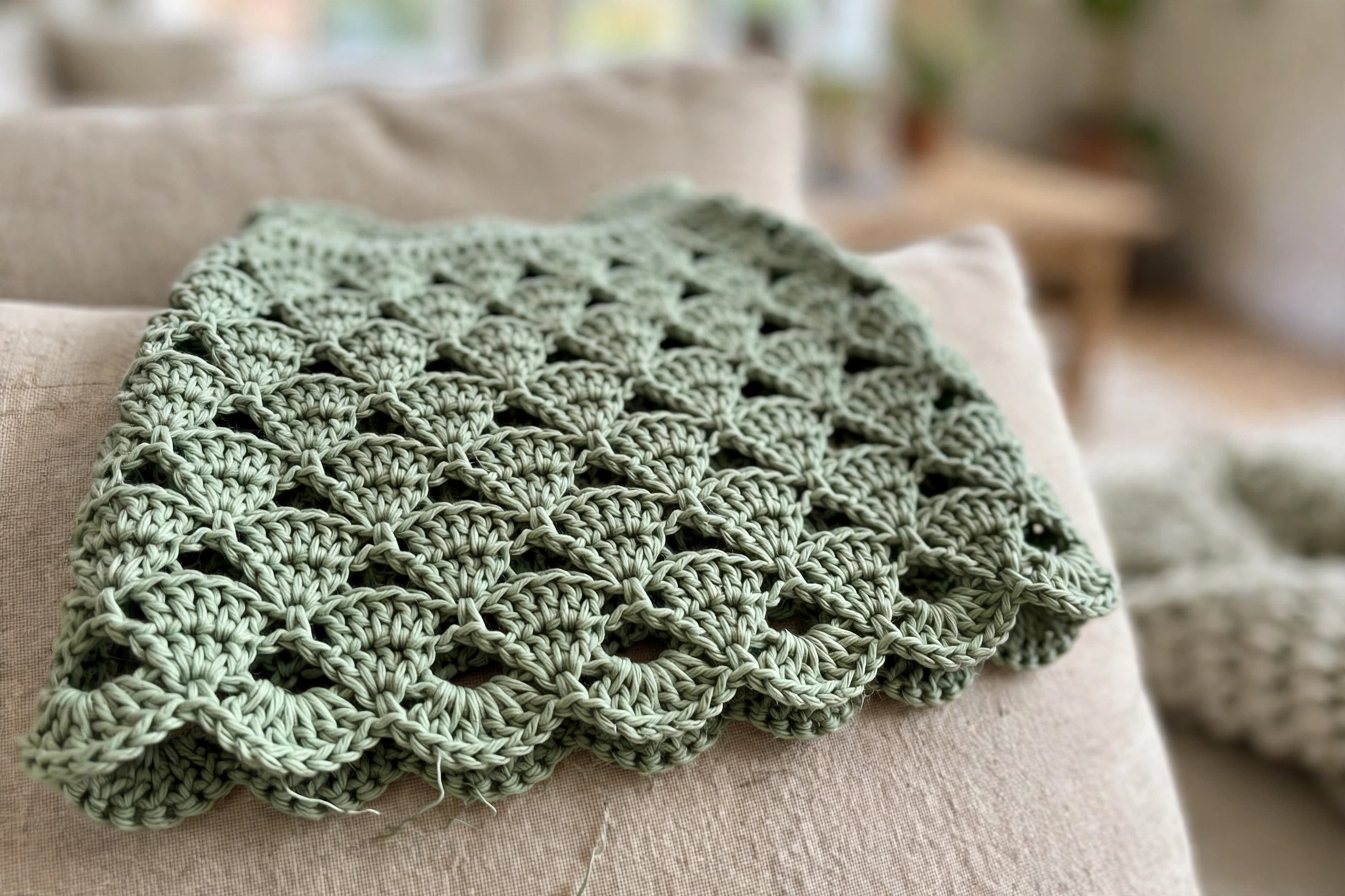 Close-up of the sage green shell-lace skirt and scalloped hem