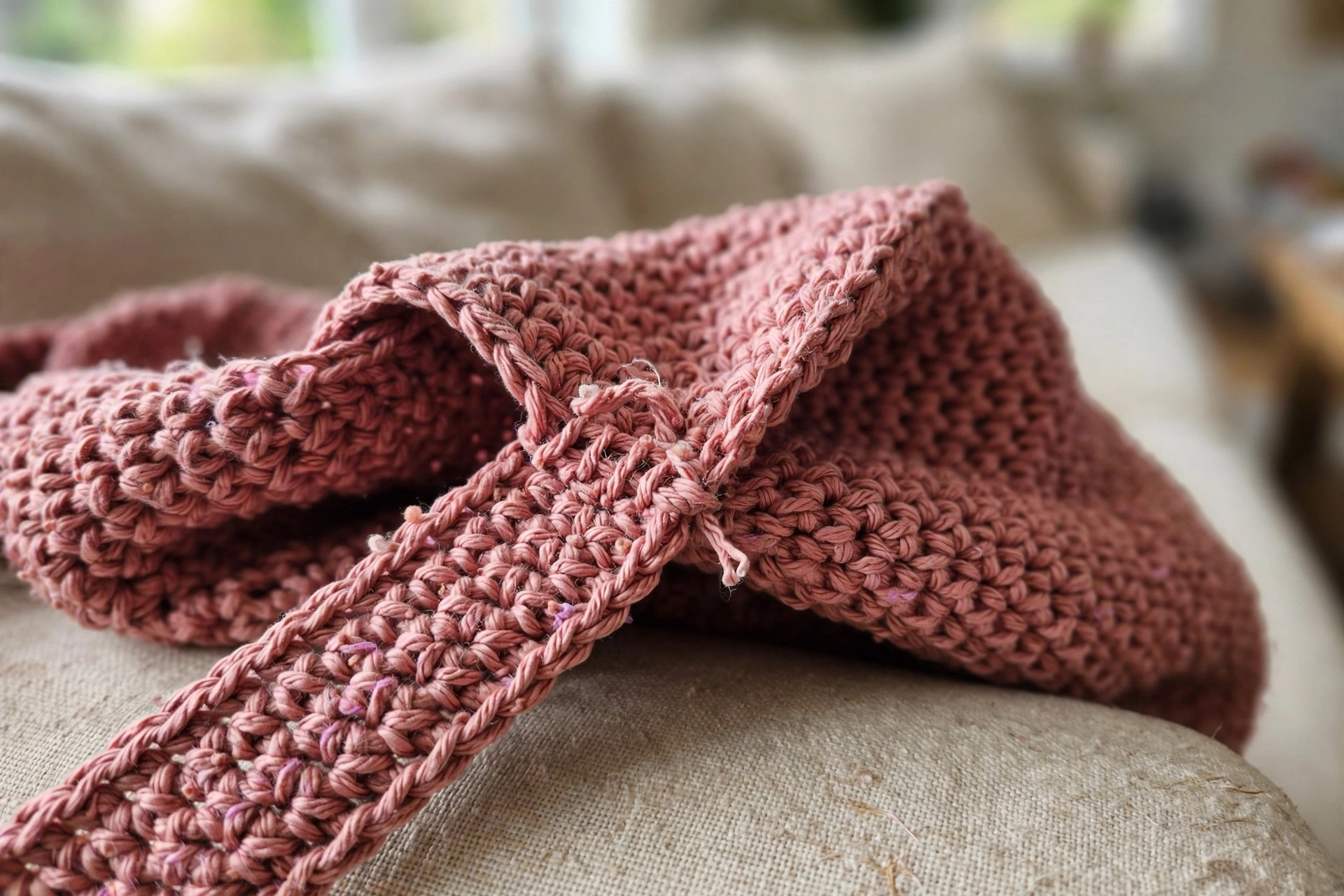 Close-up of the dense single crochet fabric and strap join on the tote bag
