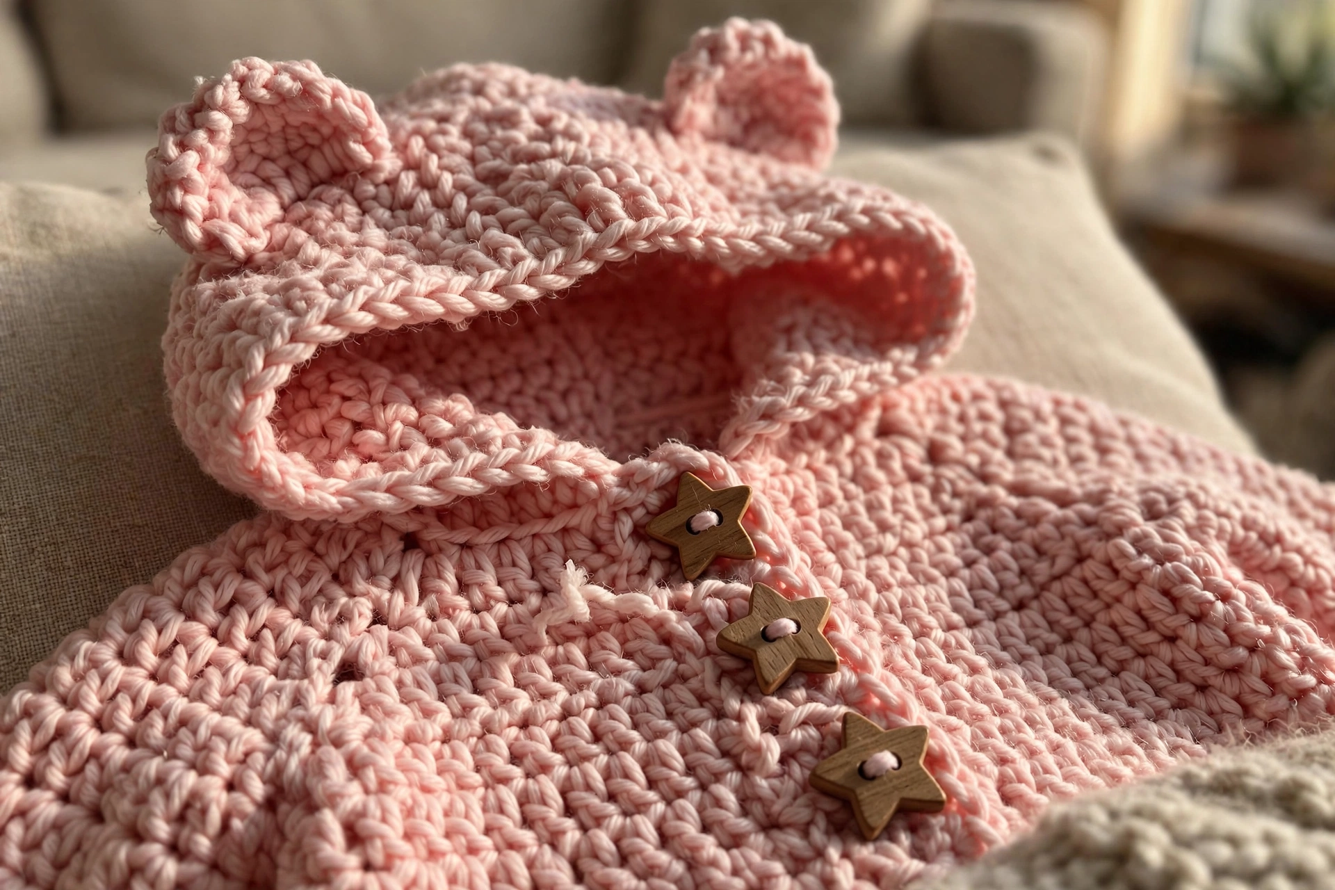 Close-up of the bear ear hood, moss stitch texture and star buttons