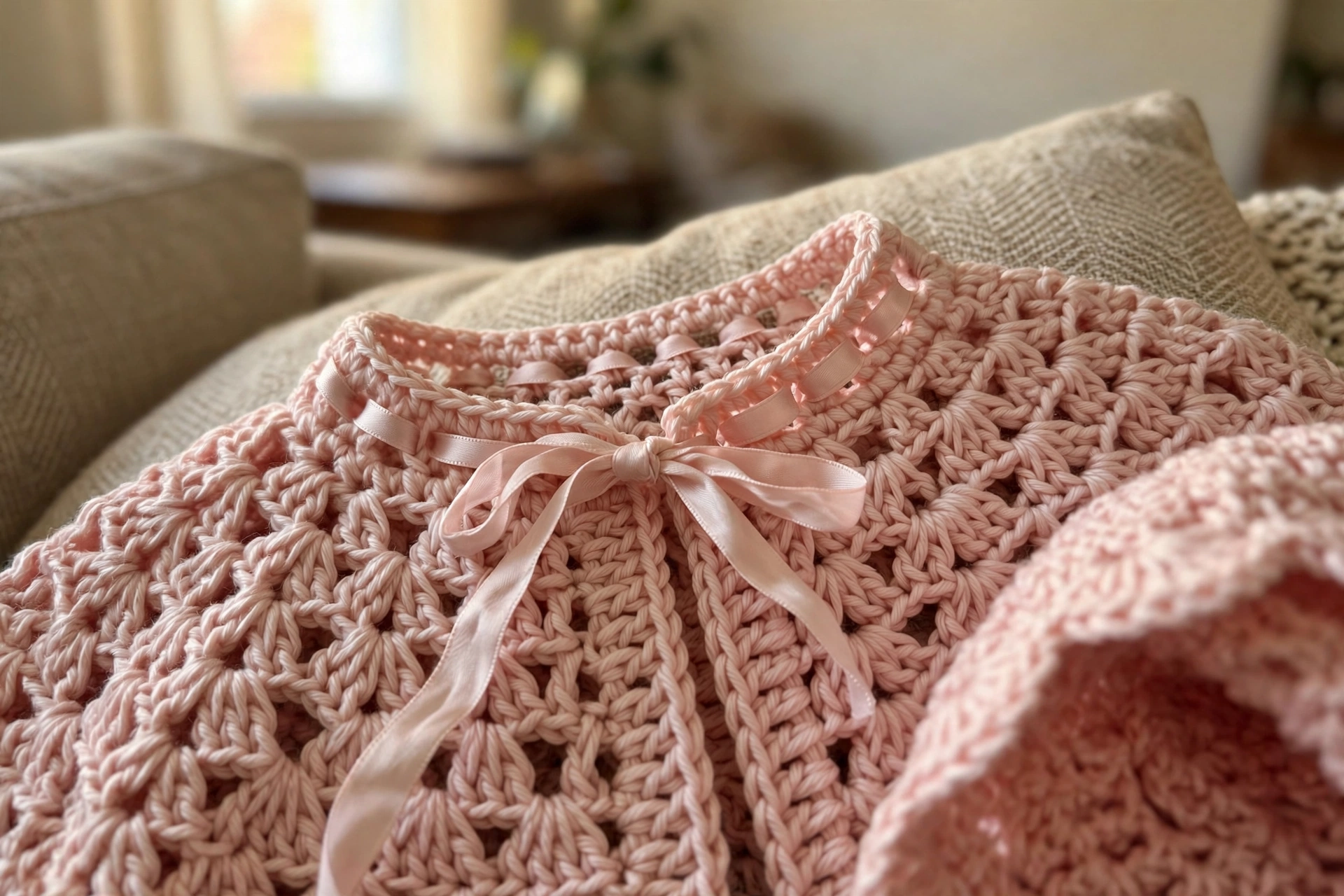 Close-up of the shell stitch texture and ribbon bow on the pink baby cardigan
