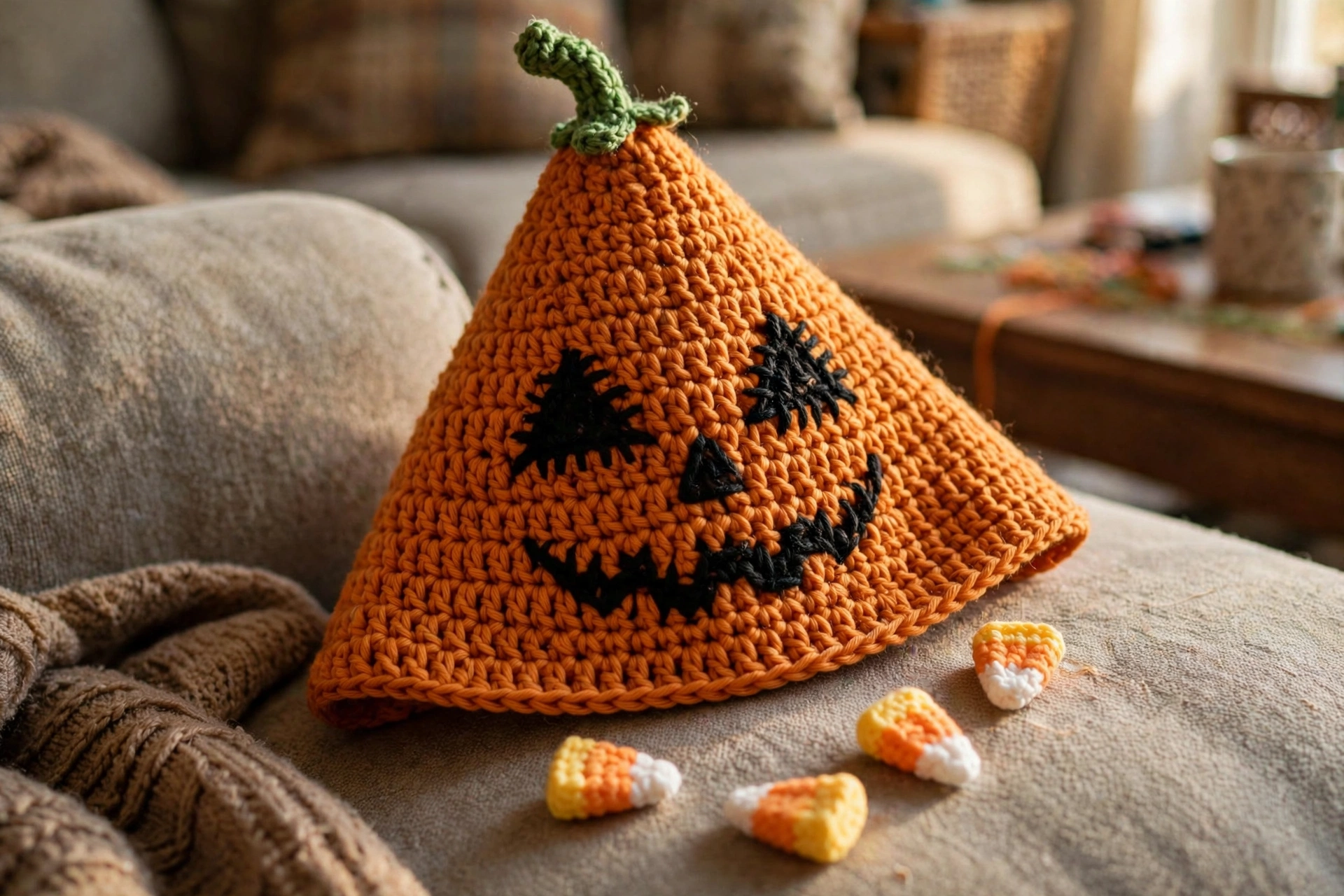 Close-up of the jack-o-lantern hood and candy corn embellishments on the pumpkin cape