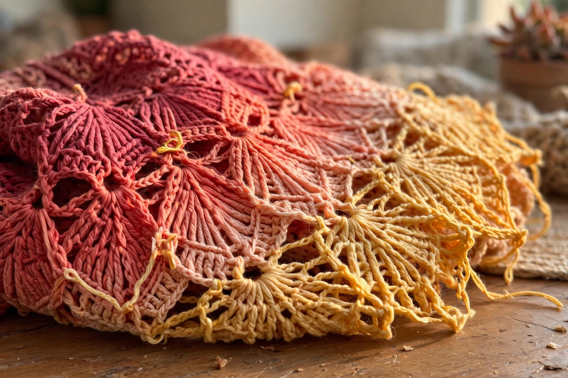 Close-up of the feather and fan lace stitch in sunset ombre colors