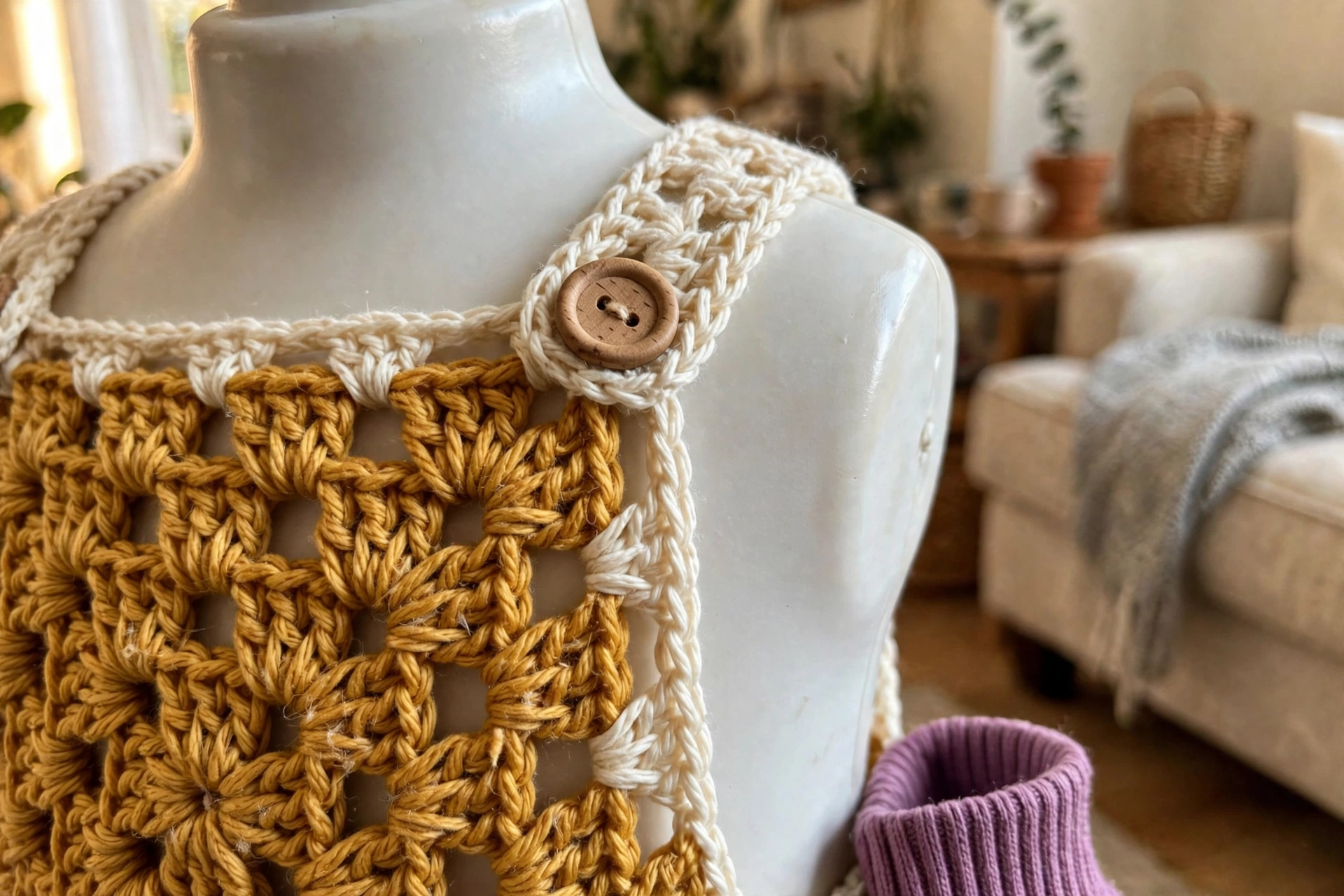 Close-up of the wooden button and shoulder strap of the sunset ombre granny square baby romper