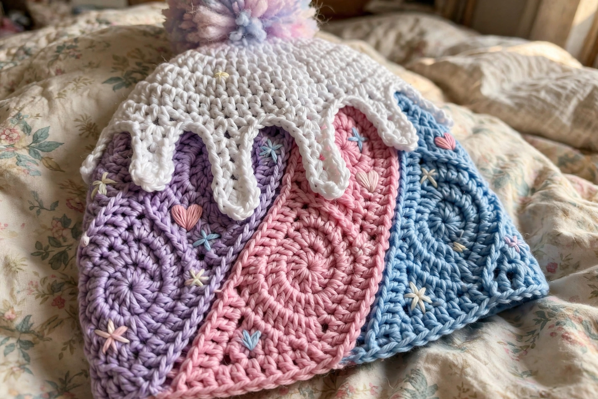 Close-up of the drip applique and embroidered hearts and stars