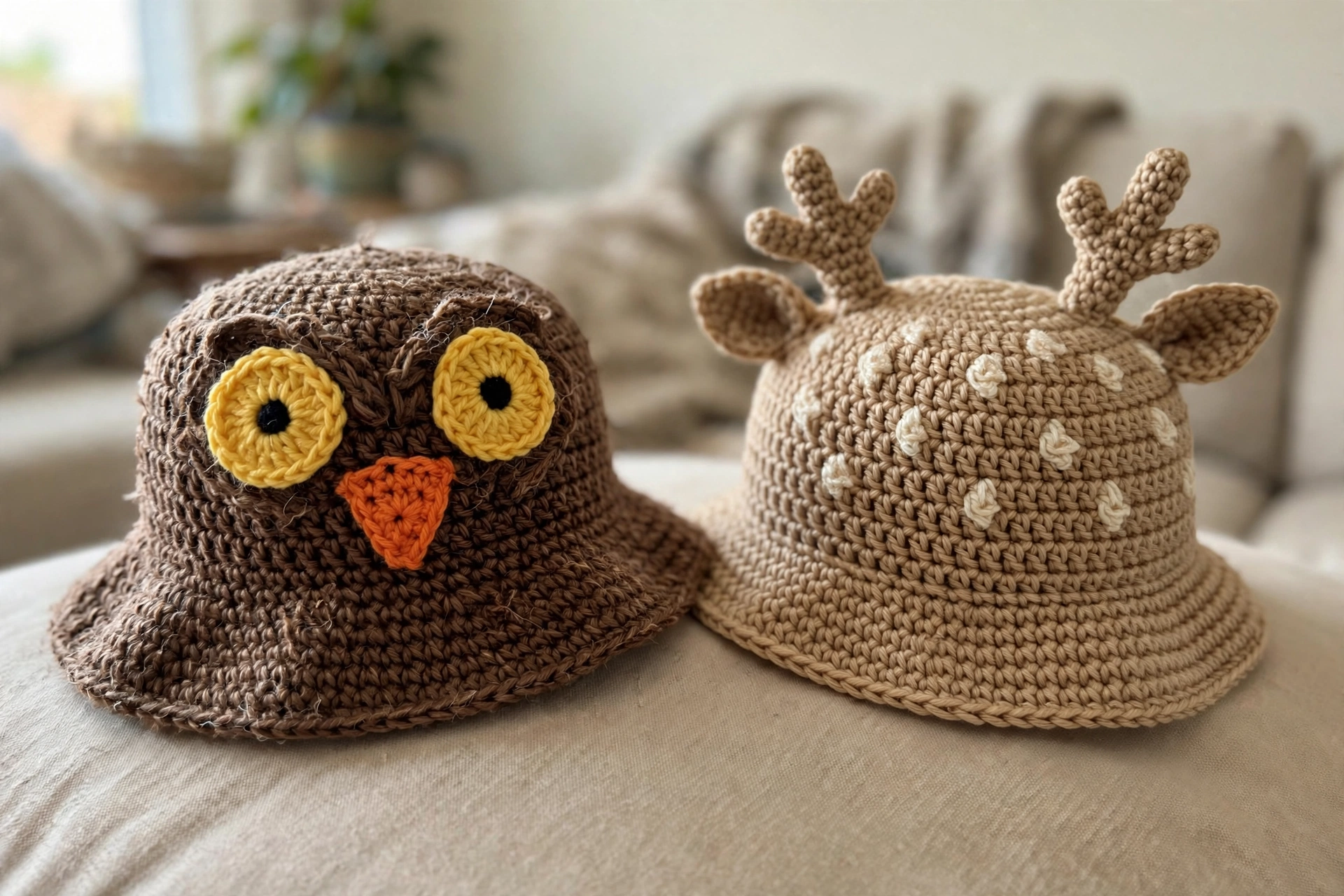 Close-up of the owl and deer woodland bucket hats showing applique details