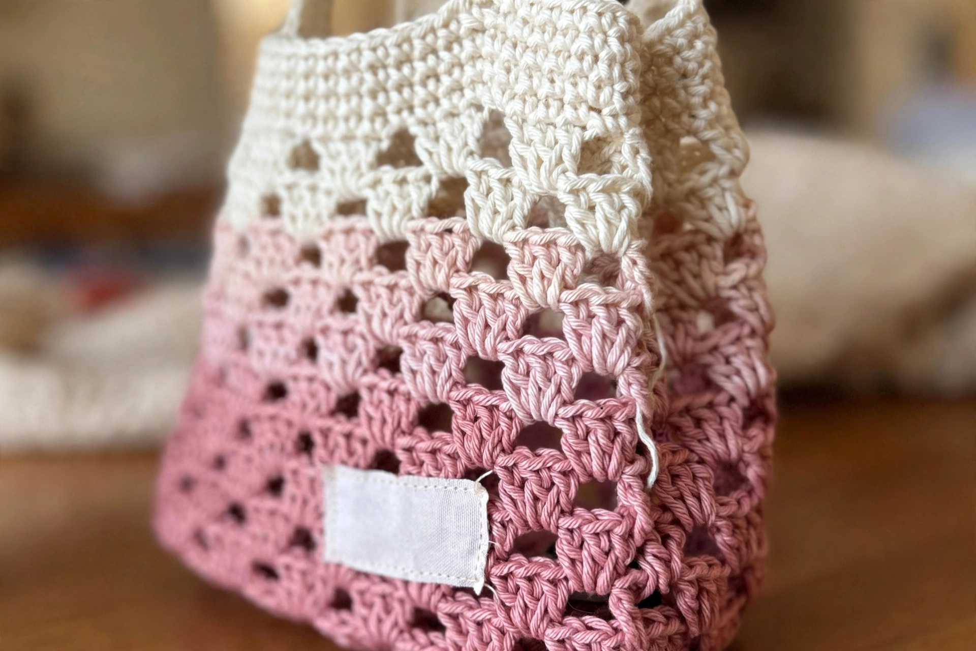 Close-up of the granny stitch texture on the crochet bag