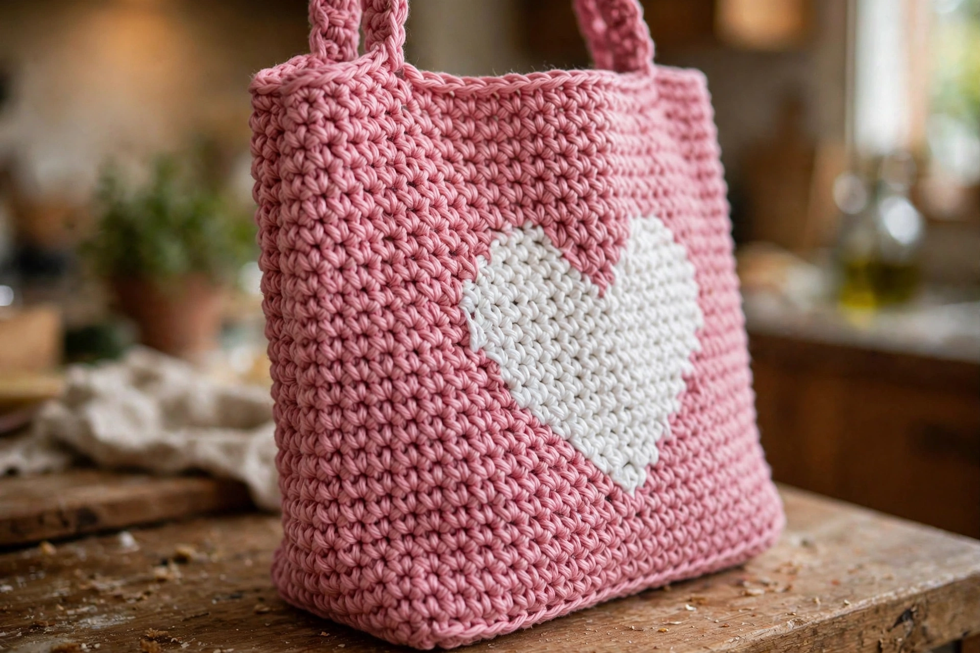 Close-up of the white heart motif on the pink crochet tote bag