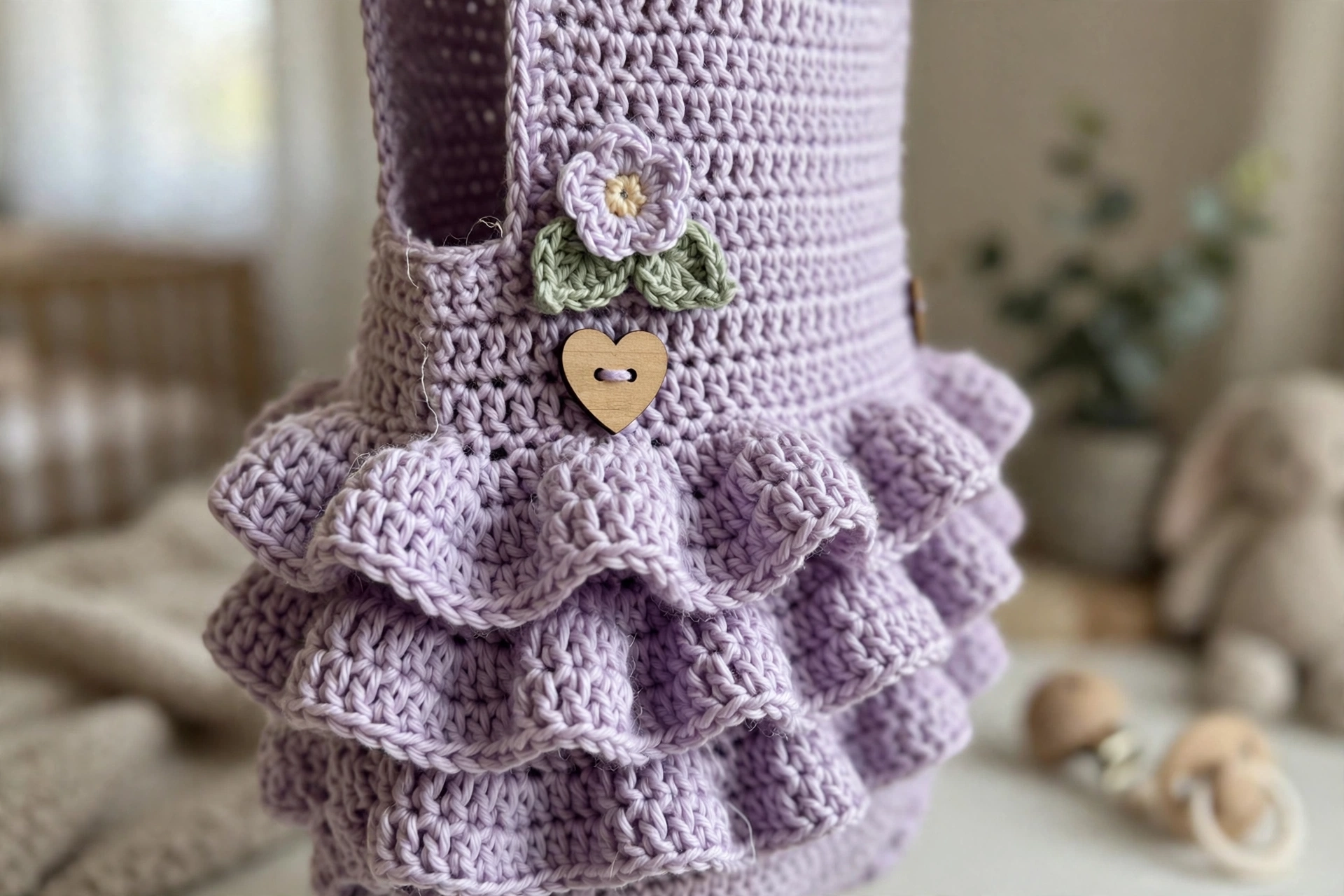 Close-up of the ruffle tiers, flower applique and wooden heart button on the Lavender Blooms Baby Romper