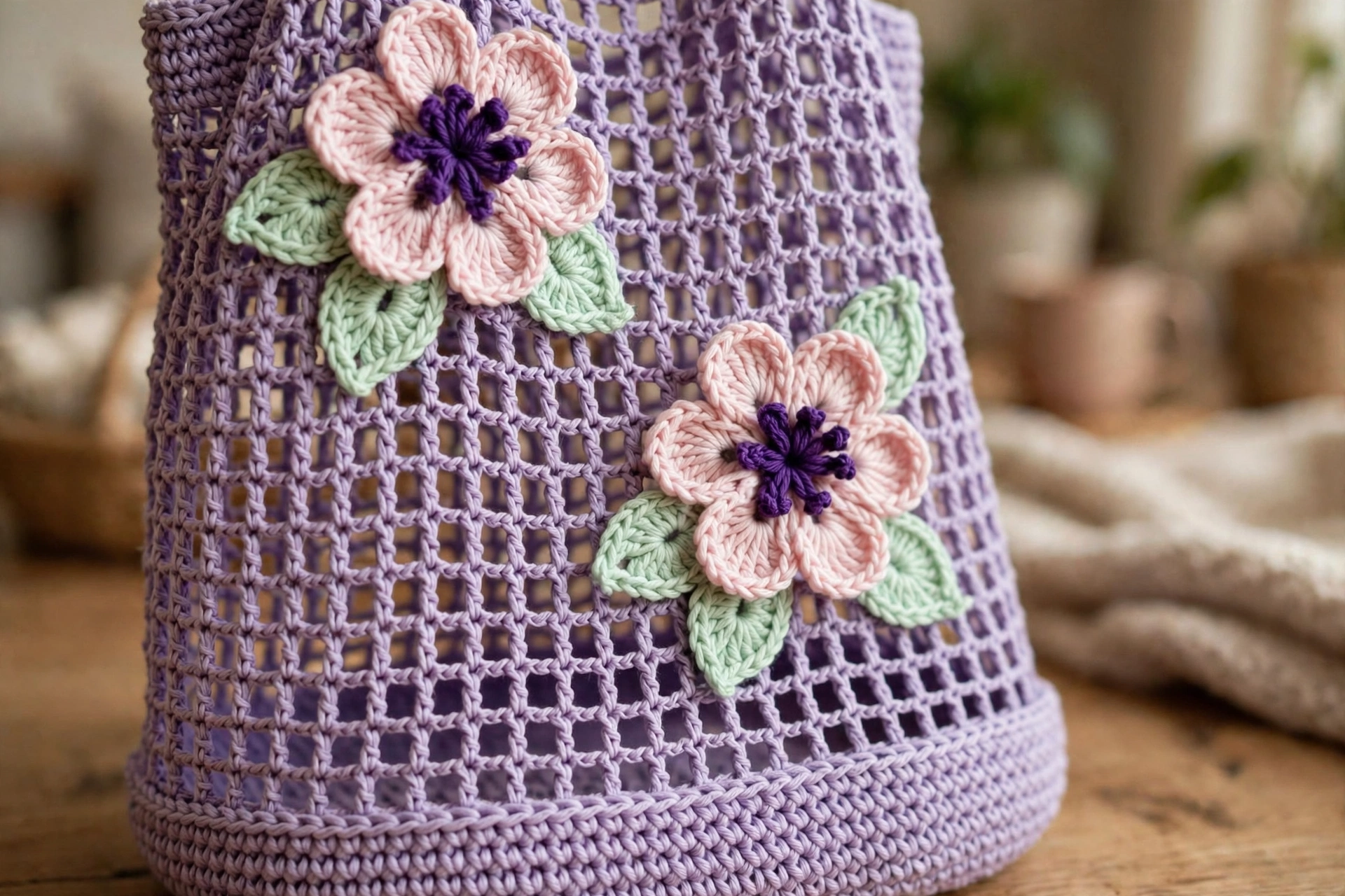 Close-up of the 3D applique flowers on the lavender mesh tote