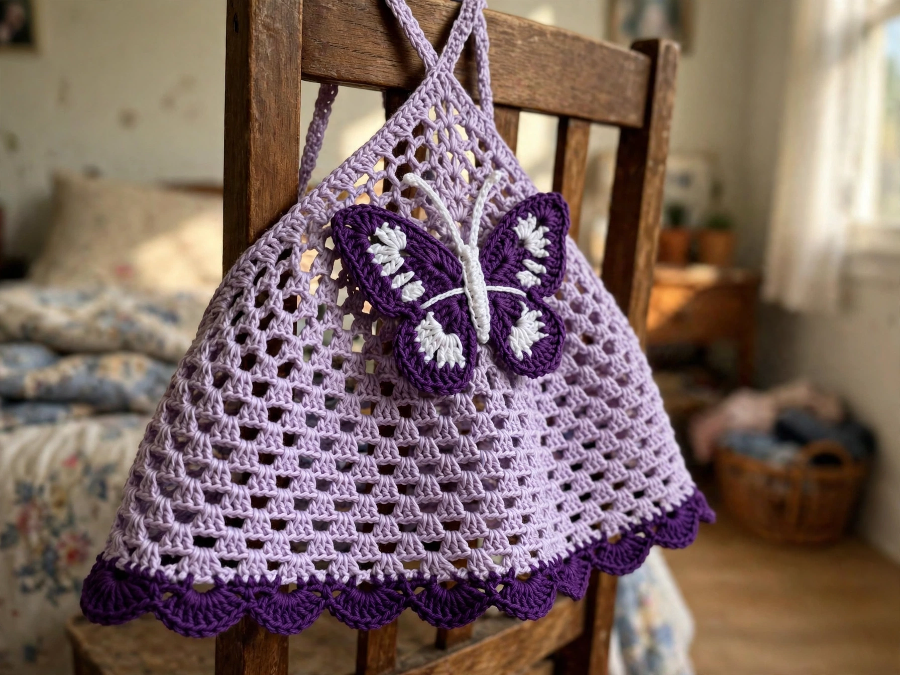 Close-up of the butterfly applique and scallop border on the lavender halter top