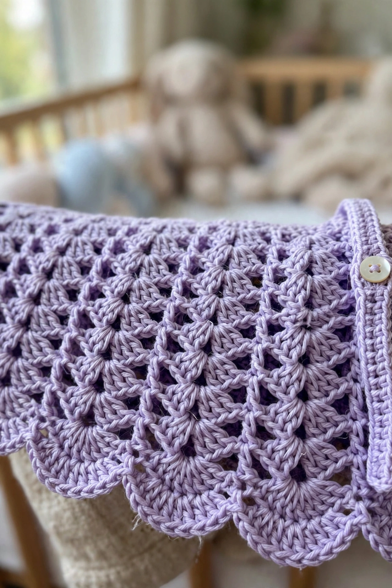 Close-up of the lavender fan lace stitches and scalloped hem on the baby pinafore dress