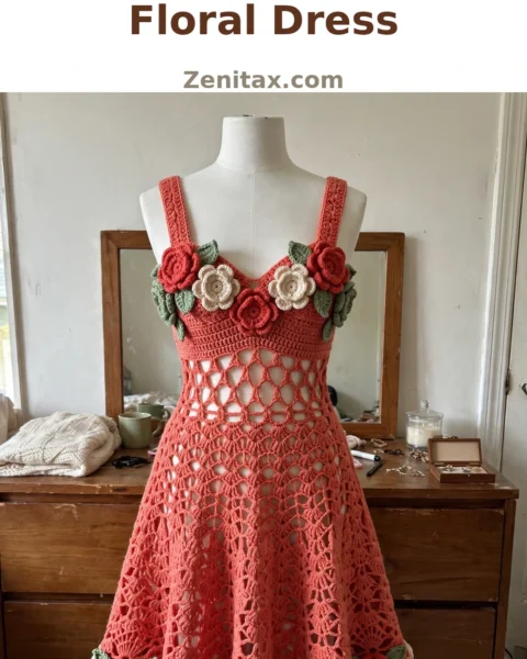 Coral Sunset Crochet Floral Dress