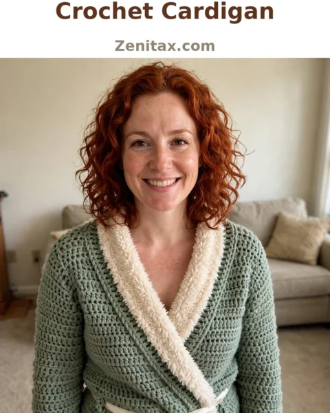 Sage Green Sherpa Trim Crochet Cardigan