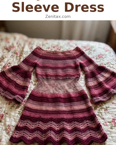 Berry Pink Bell Sleeve Crochet Dress Free Pattern
